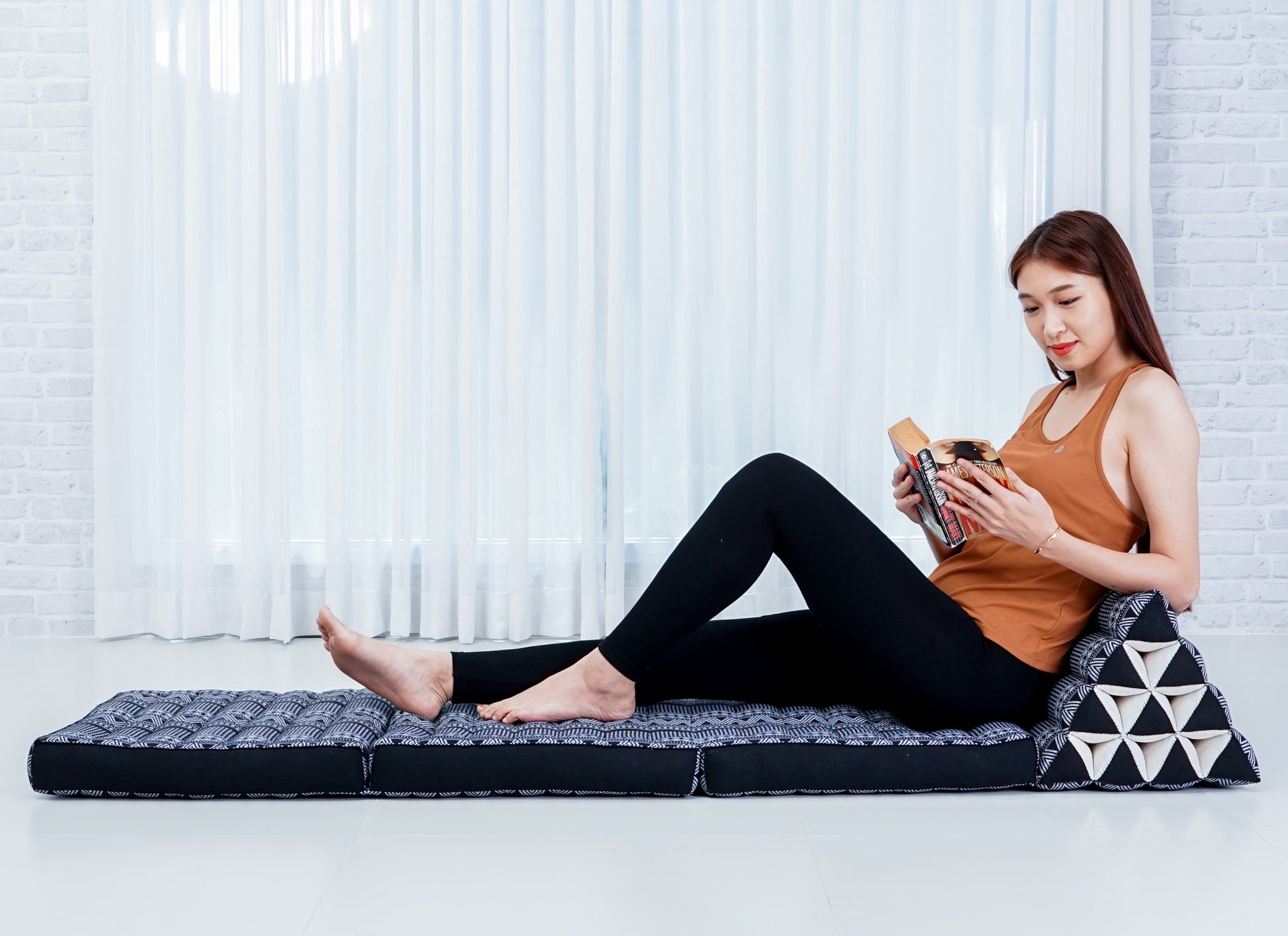 Thai Folding Mat with Triangle Cushion – Handmade Kapok Relax Mat for Sleeping, Reading & Lounging, Cbt3 - Black, 3 seating segments