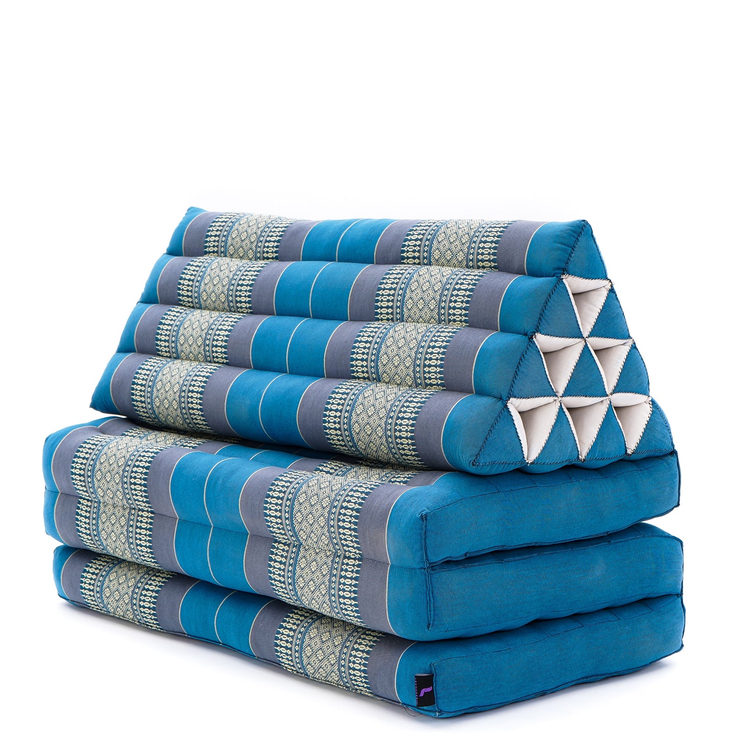 Thai Folding Mat with Triangle Cushion – Handmade Kapok Relax Mat for Sleeping, Reading & Lounging, Sf22 - Blue, 3 seating segments XL