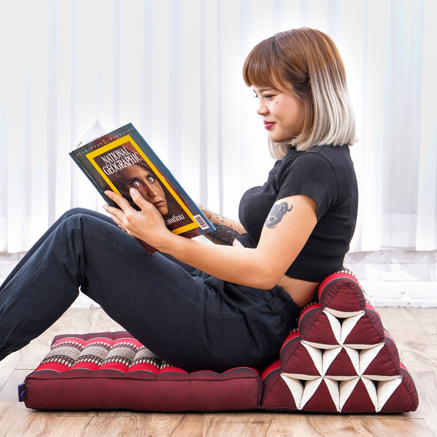 Triangular Kapok Backrest Cushion – Firm Thai Reading Pillow with Cotton Cover in Plain or Patterned Designs, Sf24 - Red, Brown, 1 seating segment