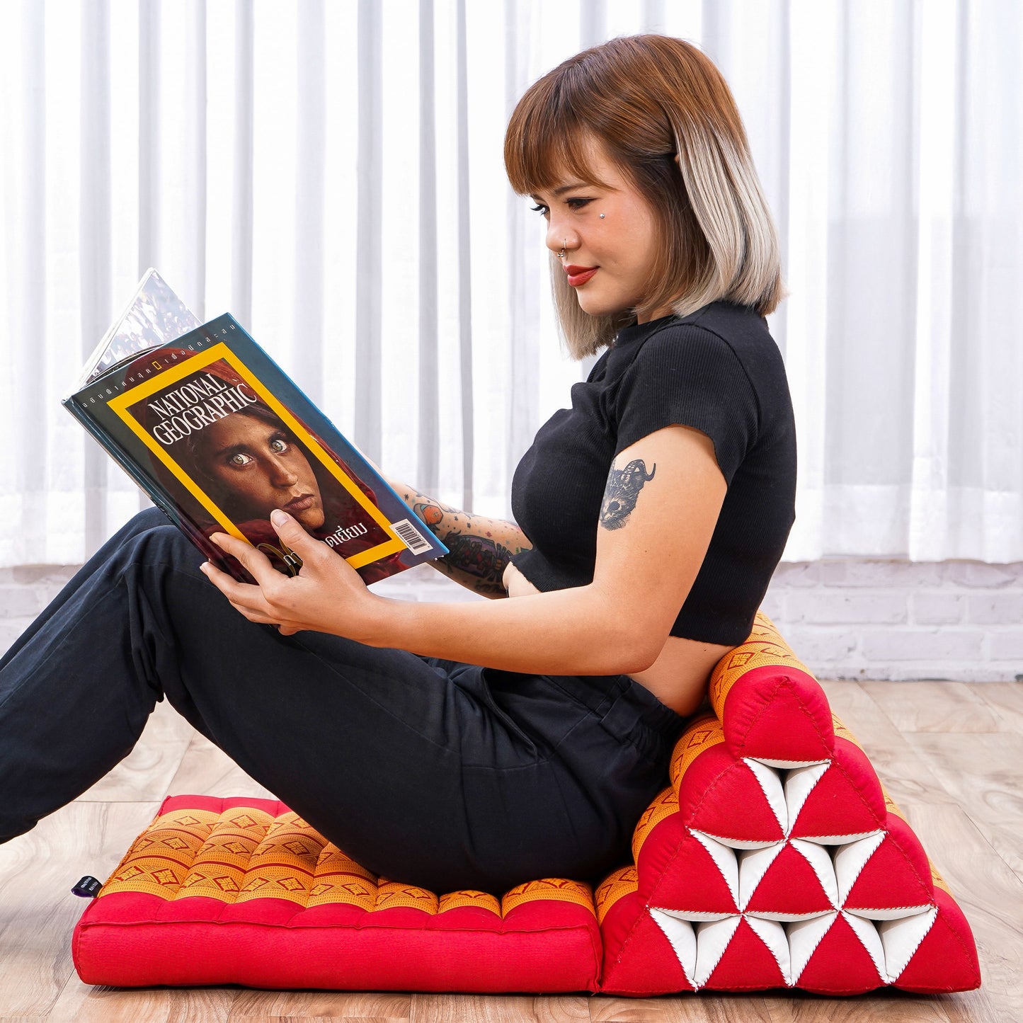 Triangular Kapok Backrest Cushion – Firm Thai Reading Pillow with Cotton Cover in Plain or Patterned Designs, Sf02 - Orange, 1 seating segment