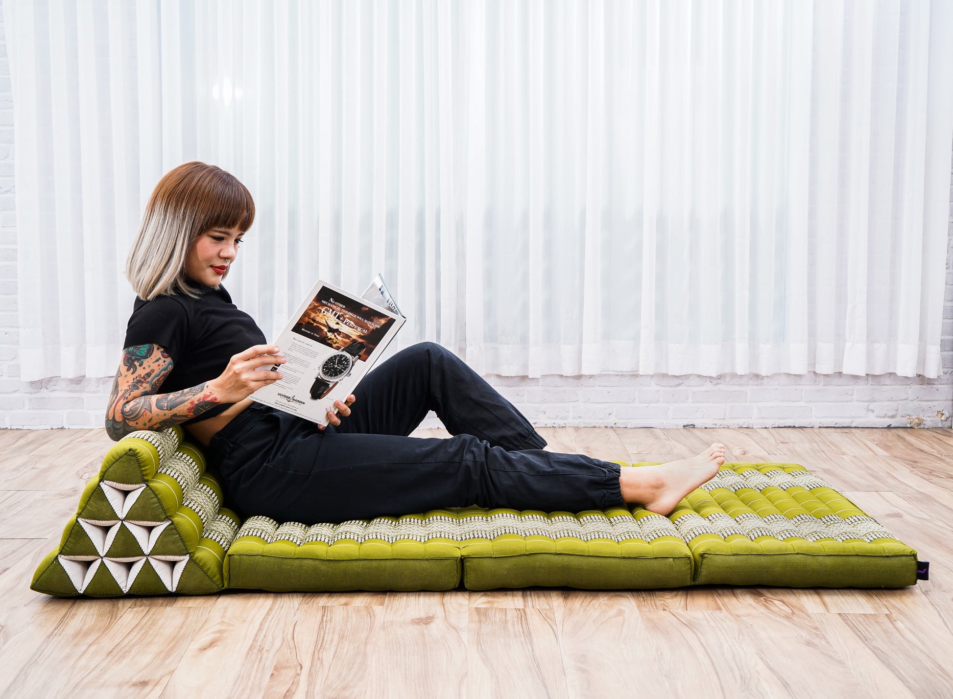 Thai Folding Mat with Triangle Cushion – Handmade Kapok Relax Mat for Sleeping, Reading & Lounging, Sf17 - Green, 3 seating segments XL