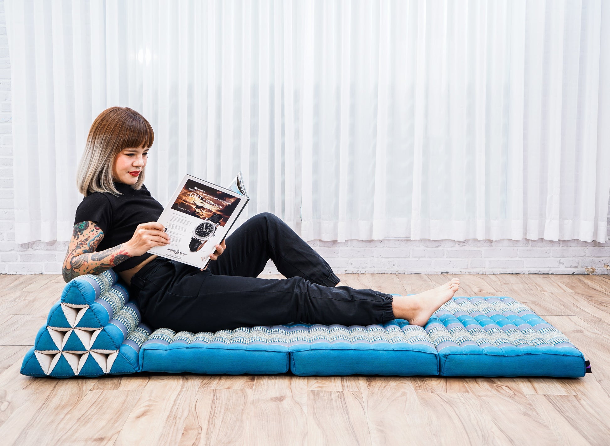 Thai Folding Mat with Triangle Cushion – Handmade Kapok Relax Mat for Sleeping, Reading & Lounging, Sf22 - Blue, 3 seating segments XL