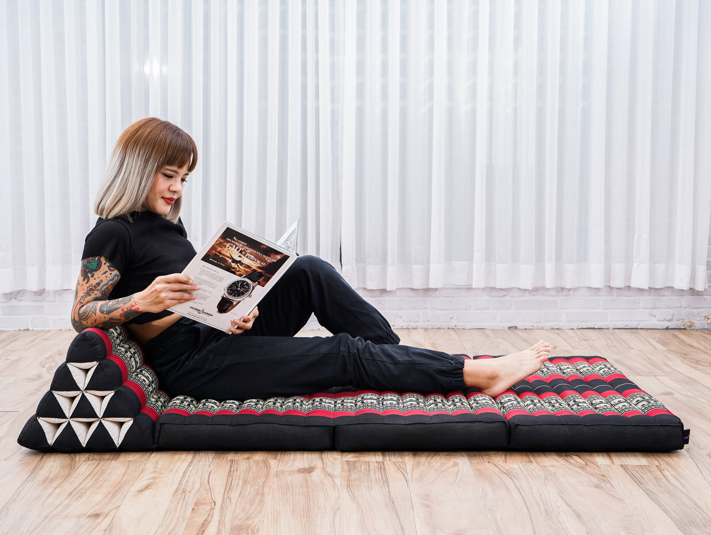 Thai Folding Mat with Triangle Cushion – Handmade Kapok Relax Mat for Sleeping, Reading & Lounging, Sf13 - Red, Black, 3 seating segments XL