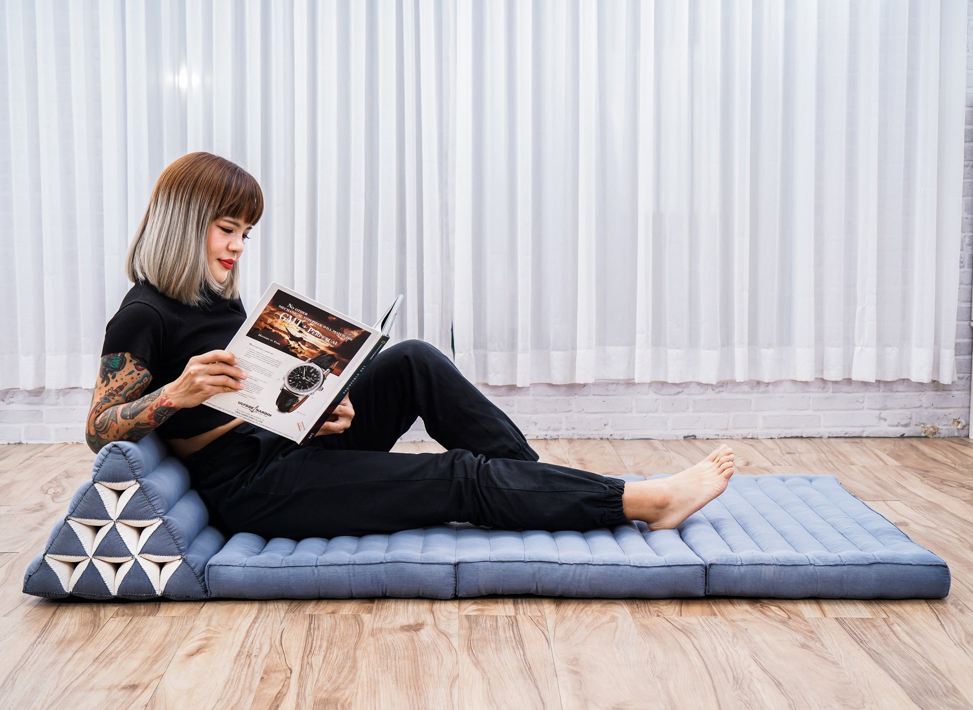 Thai Folding Mat with Triangle Cushion – Handmade Kapok Relax Mat for Sleeping, Reading & Lounging, Cl13 - Grey, 3 seating segments XL