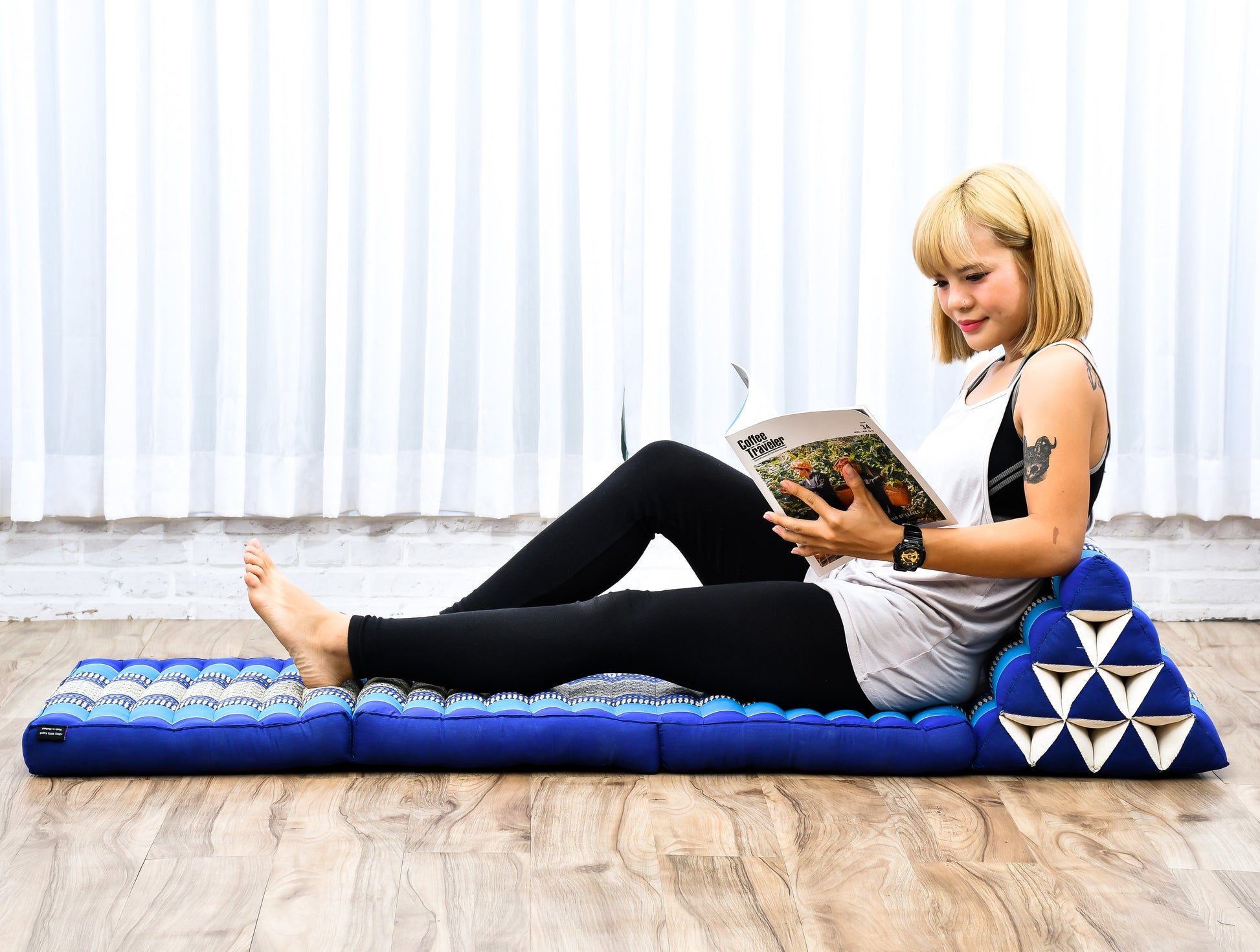 Thai Folding Mat with Triangle Cushion – Handmade Kapok Relax Mat for Sleeping, Reading & Lounging, Sf28 - Blue, 3 seating segments