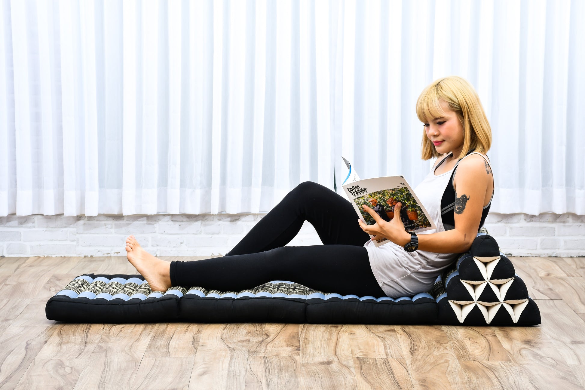 Thai Folding Mat with Triangle Cushion – Handmade Kapok Relax Mat for Sleeping, Reading & Lounging, Sf15 - Blue, 3 seating segments