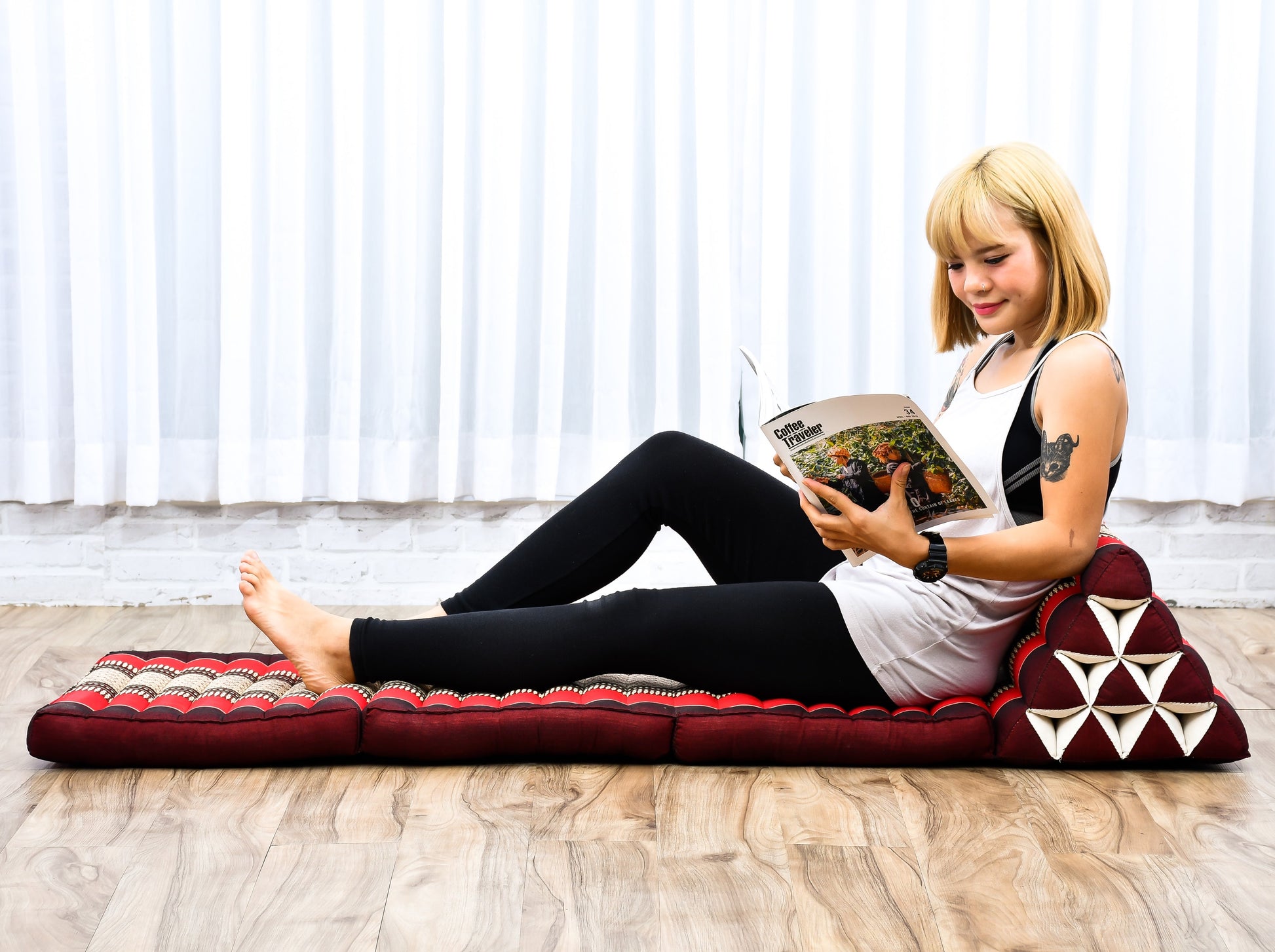 Thai Folding Mat with Triangle Cushion – Handmade Kapok Relax Mat for Sleeping, Reading & Lounging, Sf24 - Red, Brown, 3 seating segments