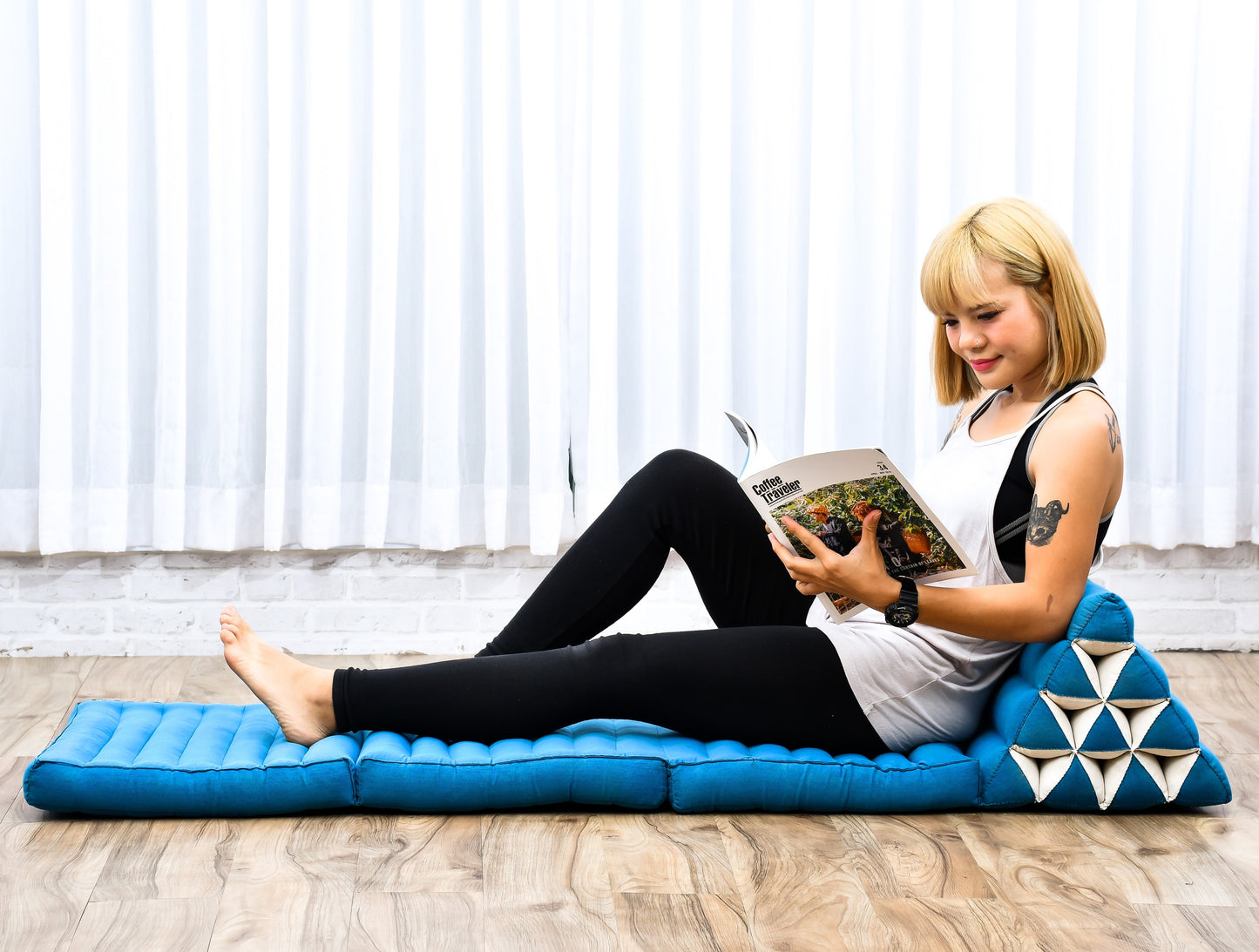 Thai Folding Mat with Triangle Cushion – Handmade Kapok Relax Mat for Sleeping, Reading & Lounging, Cl22 - Light Blue, 3 seating segments