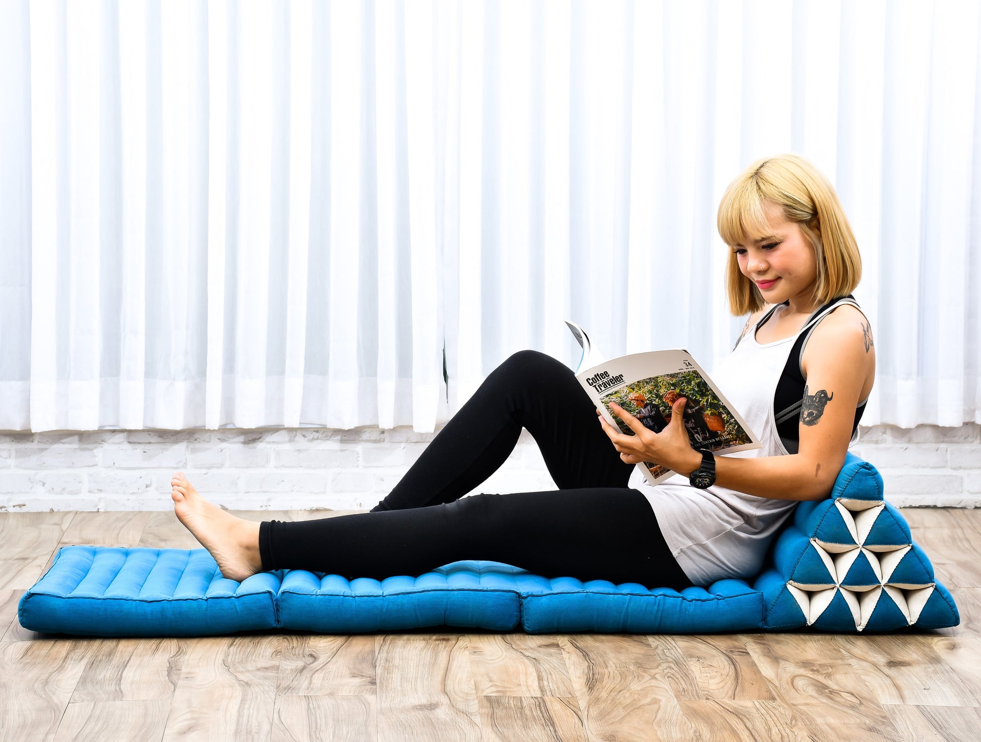 Thai Folding Mat with Triangle Cushion – Handmade Kapok Relax Mat for Sleeping, Reading & Lounging, Cl22 - Light Blue, 3 seating segments