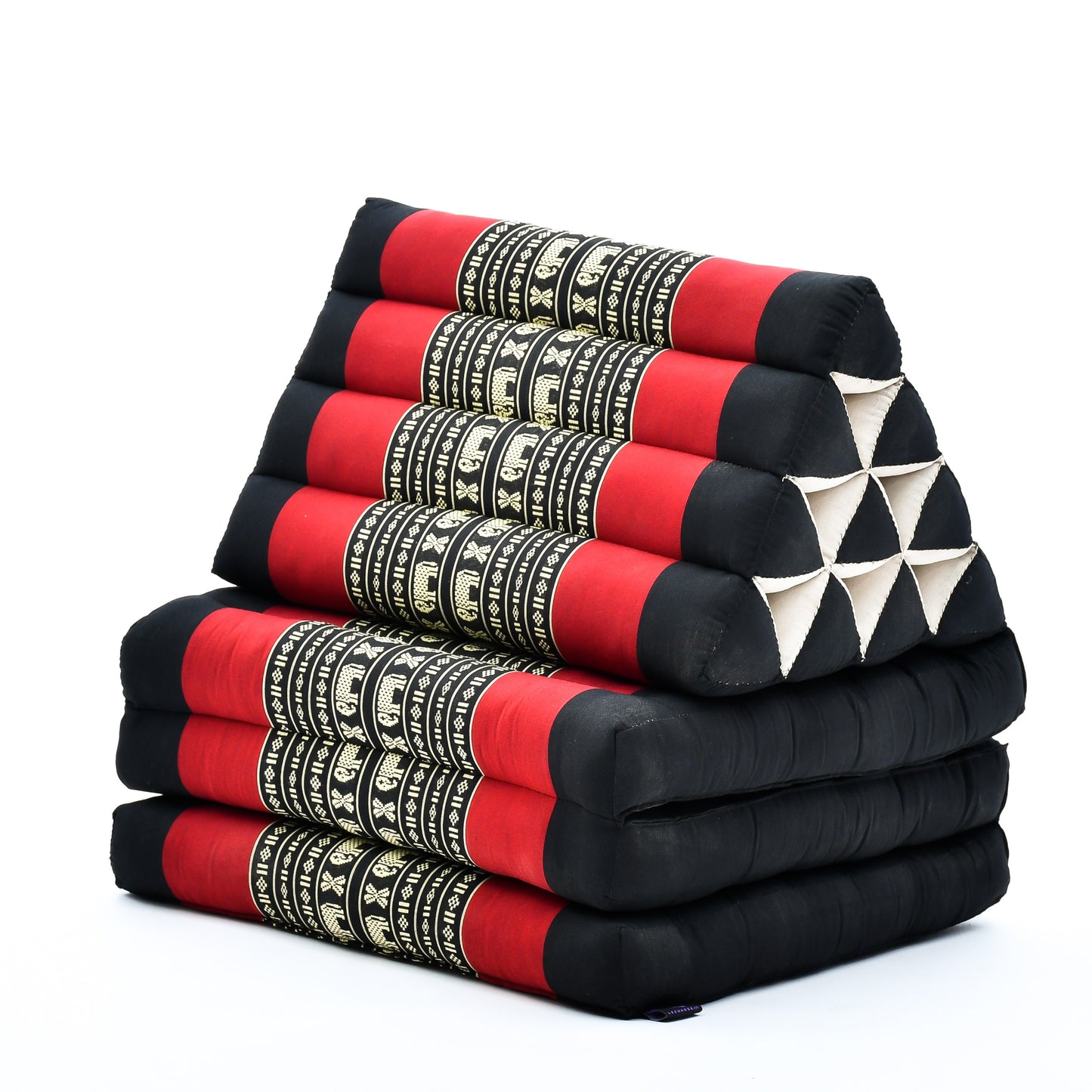 Thai Folding Mat with Triangle Cushion – Handmade Kapok Relax Mat for Sleeping, Reading & Lounging, Sf13 - Red, Black, 3 seating segments