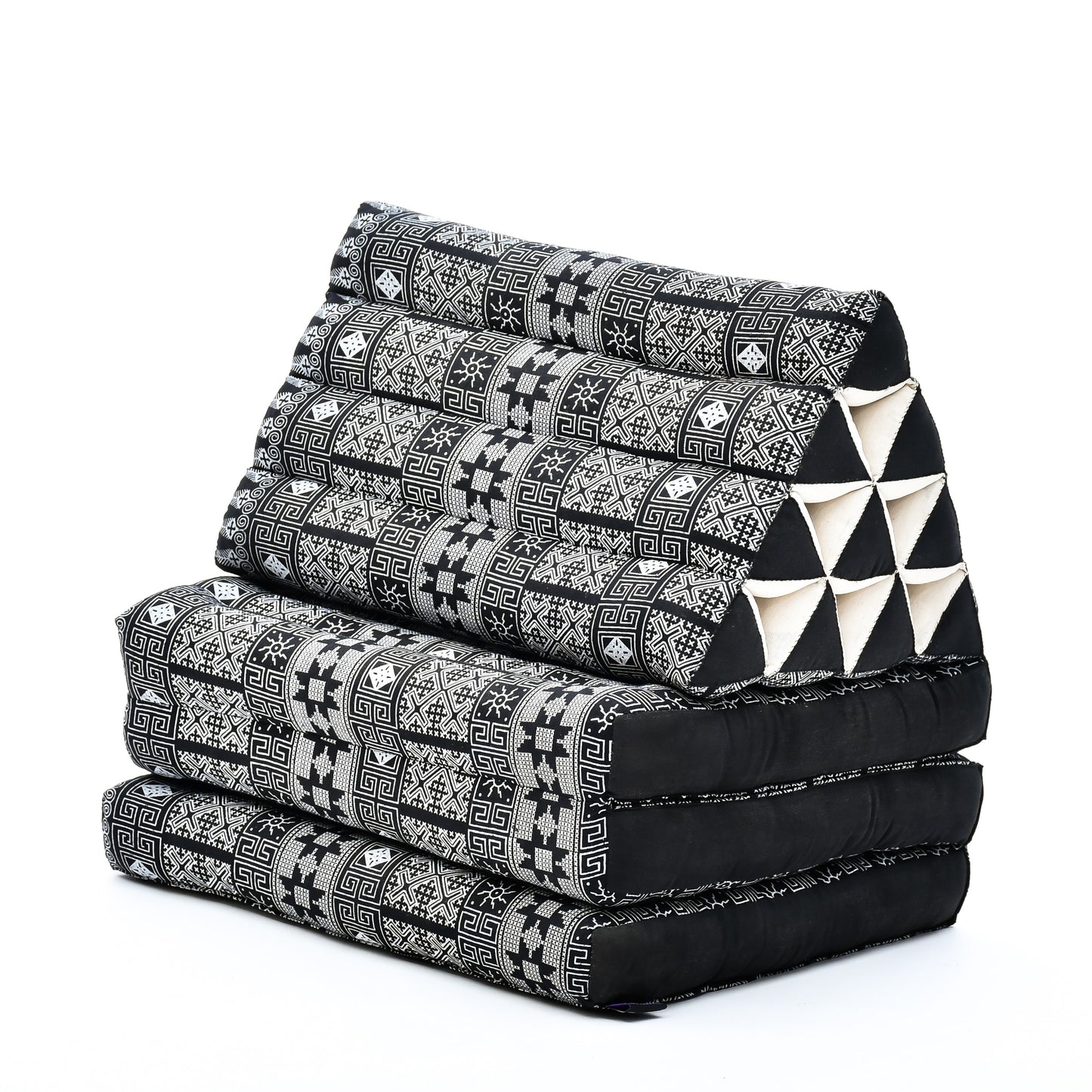 Thai Folding Mat with Triangle Cushion – Handmade Kapok Relax Mat for Sleeping, Reading & Lounging, Cbt4 - Black, 3 seating segments