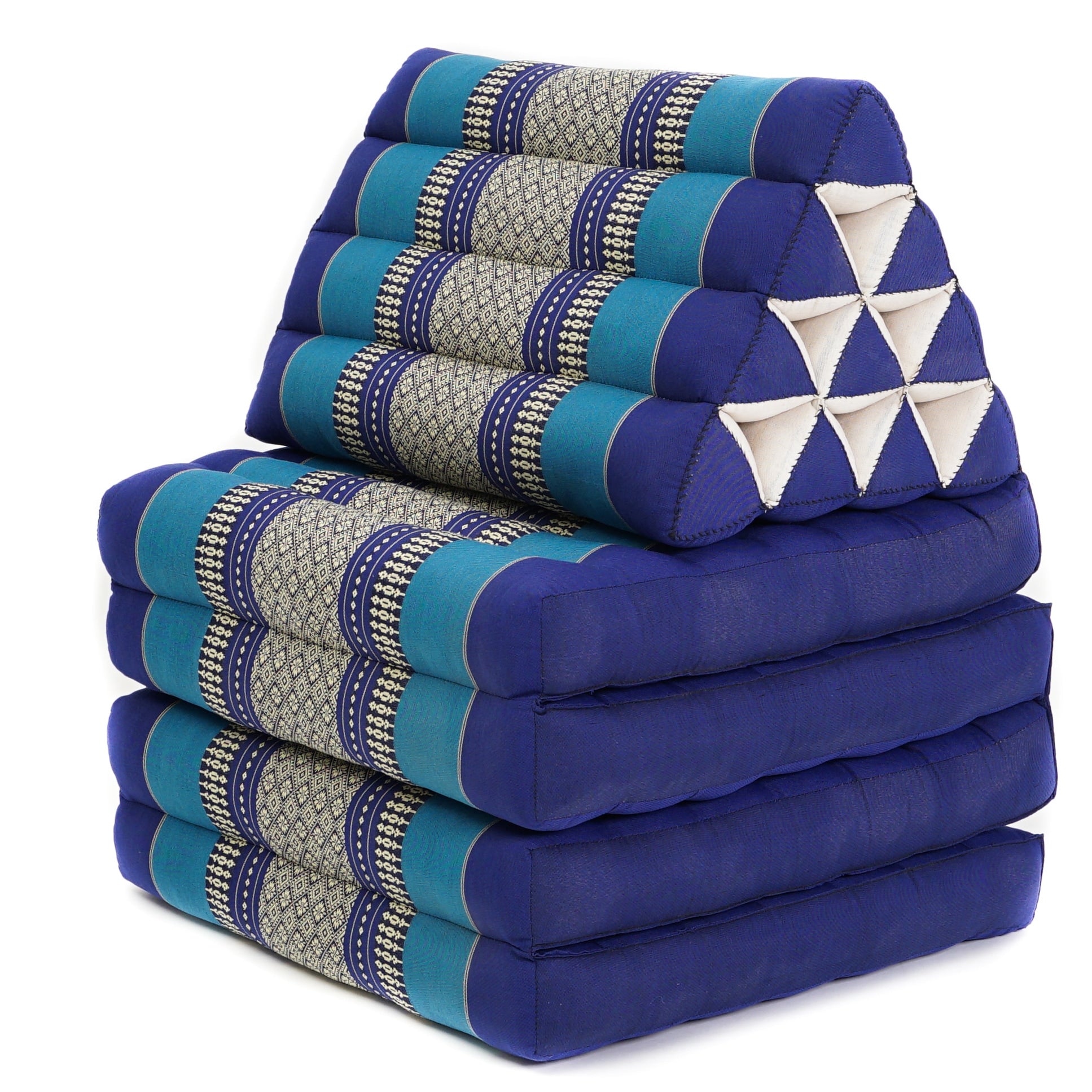 Thai Folding Mat with Triangle Cushion – Handmade Kapok Relax Mat for Sleeping, Reading & Lounging, Sf28 - Blue, 4 seating segments