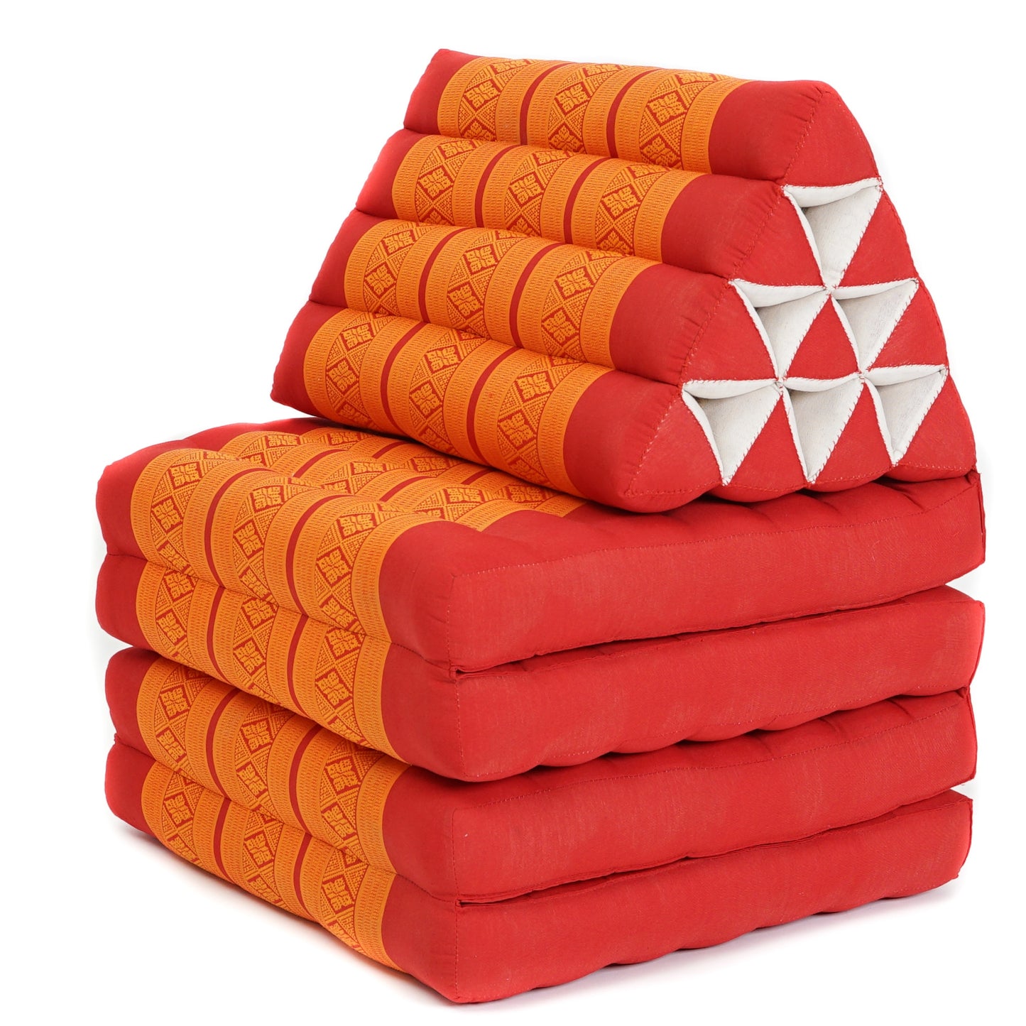 Thai Folding Mat with Triangle Cushion – Handmade Kapok Relax Mat for Sleeping, Reading & Lounging, Sf02 - Orange, 4 seating segments