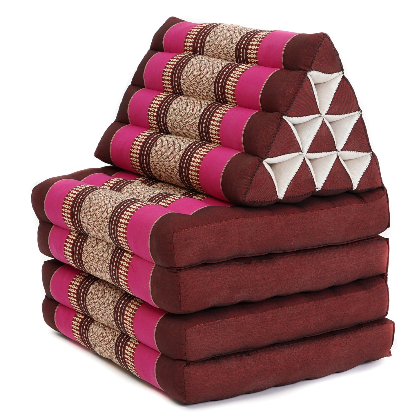 Thai Folding Mat with Triangle Cushion – Handmade Kapok Relax Mat for Sleeping, Reading & Lounging, Sf29 - Auburn, Pink, 4 seating segments