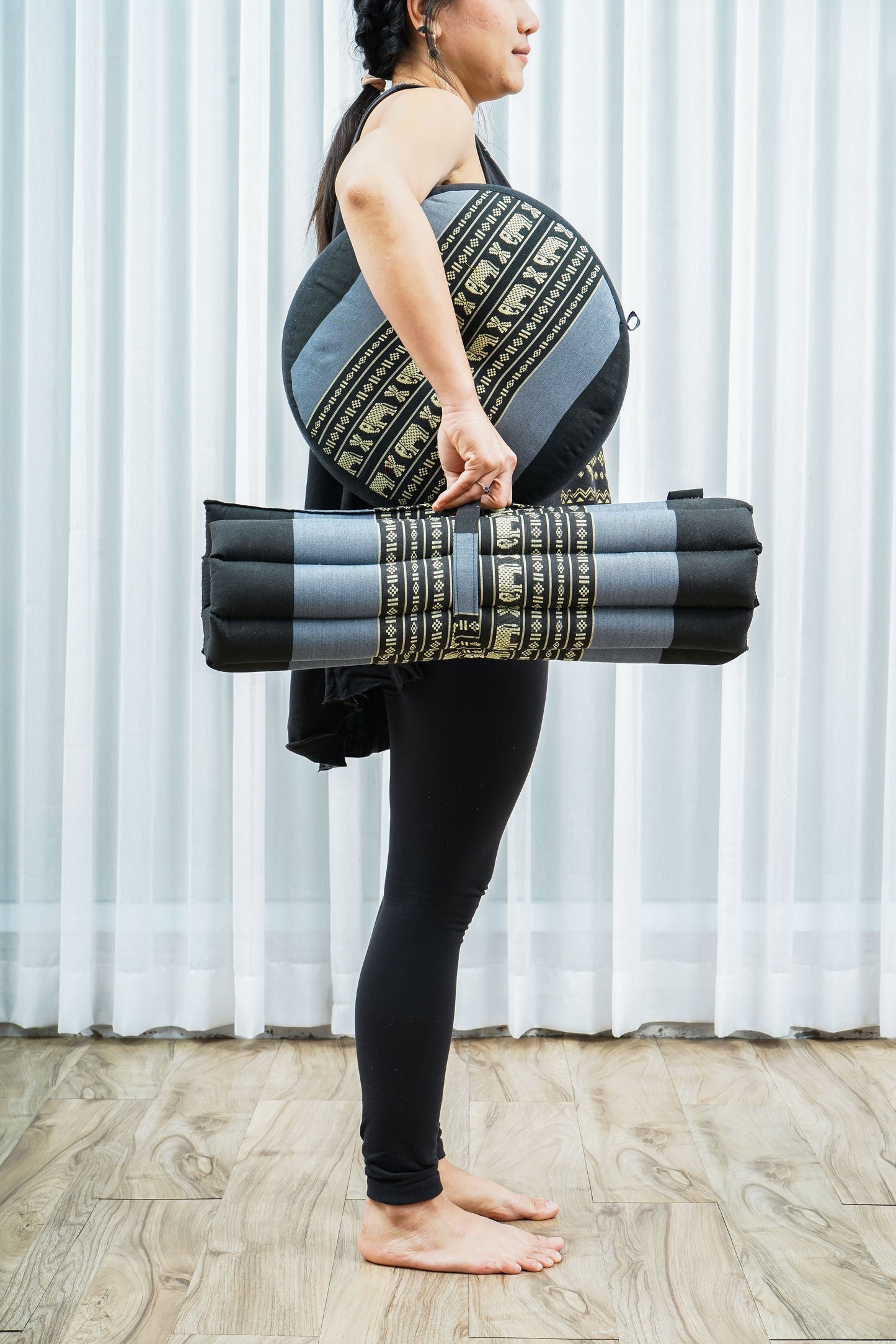 Compact Meditation Cushion Set Made of Kapok – Small Zabuton & Zafu with Cotton Cover, Sf15 - Blue