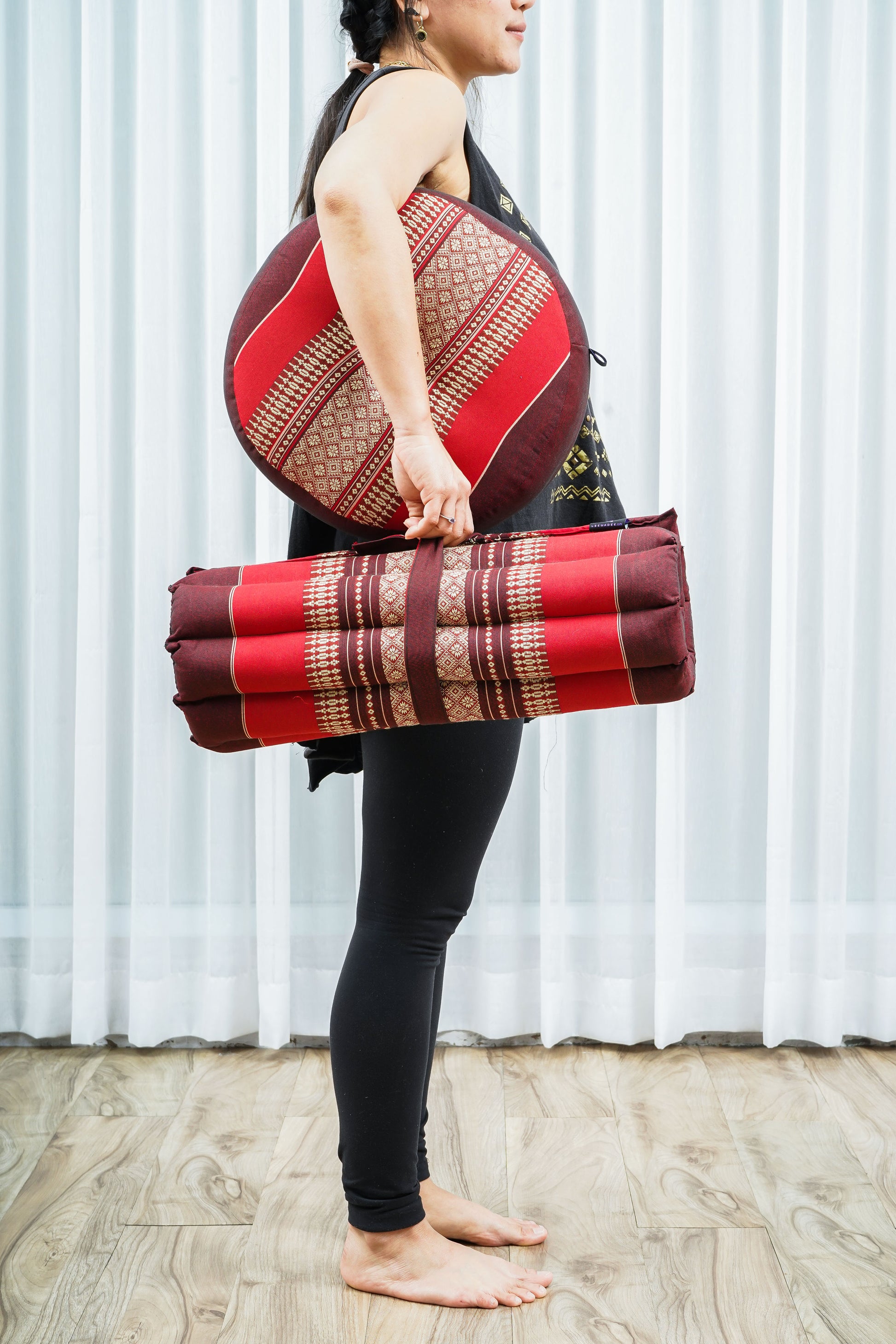 Compact Meditation Cushion Set Made of Kapok – Small Zabuton & Zafu with Cotton Cover, Sf24 - Red, Brown