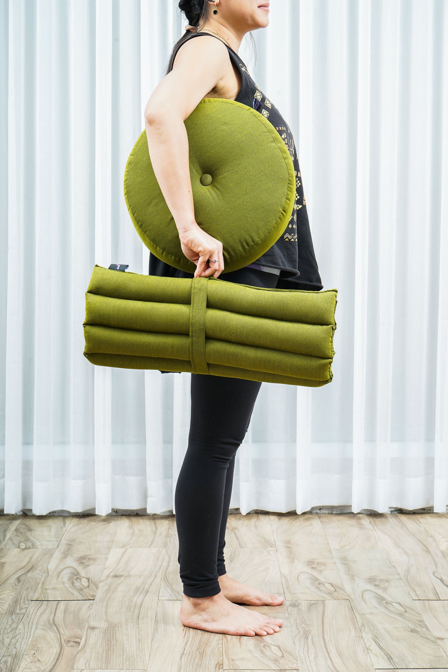 Compact Meditation Cushion Set Made of Kapok – Small Zabuton & Zafu with Cotton Cover, Cl23 - Green