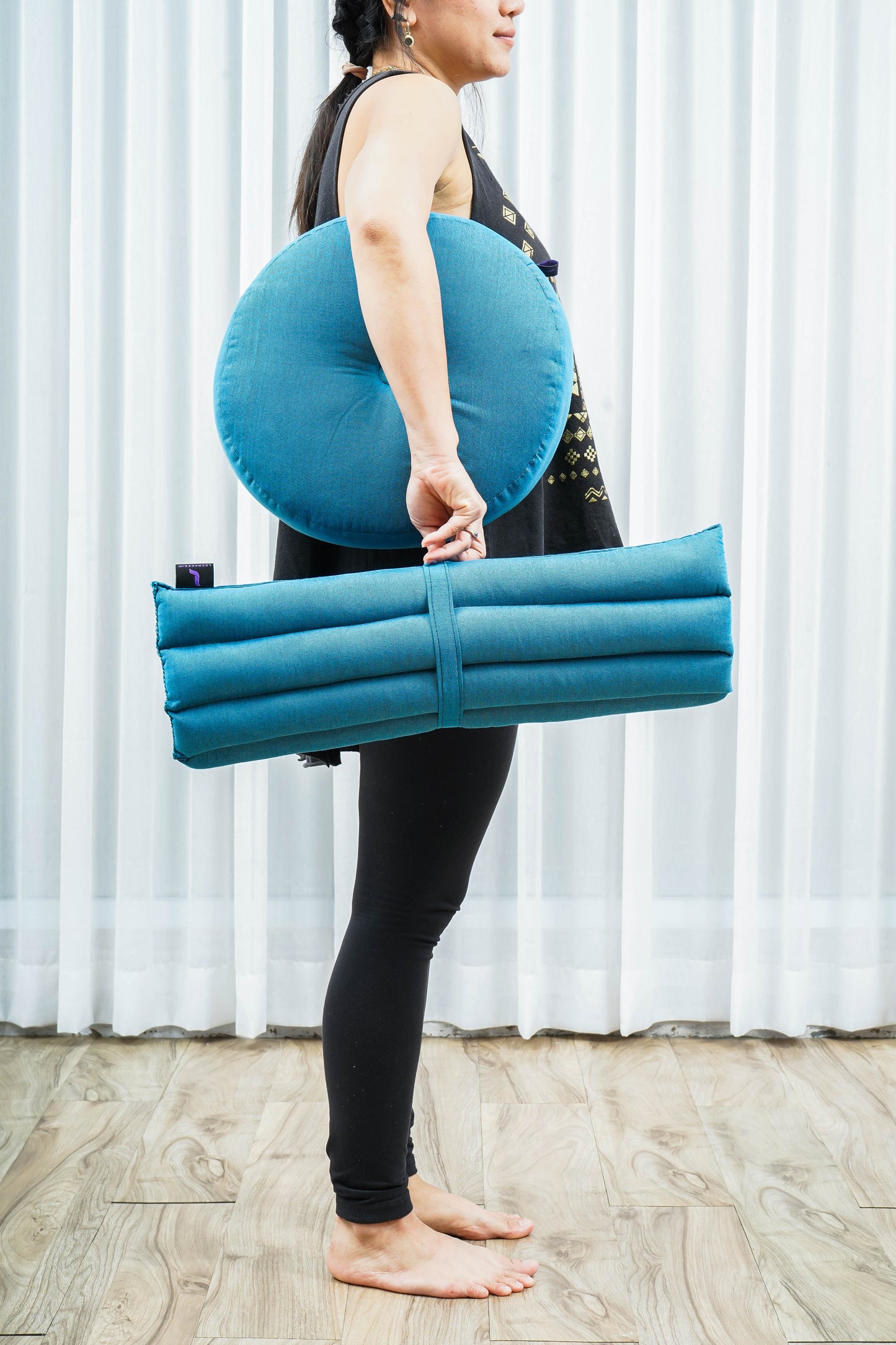 Compact Meditation Cushion Set Made of Kapok – Small Zabuton & Zafu with Cotton Cover, Cl22 - Light Blue