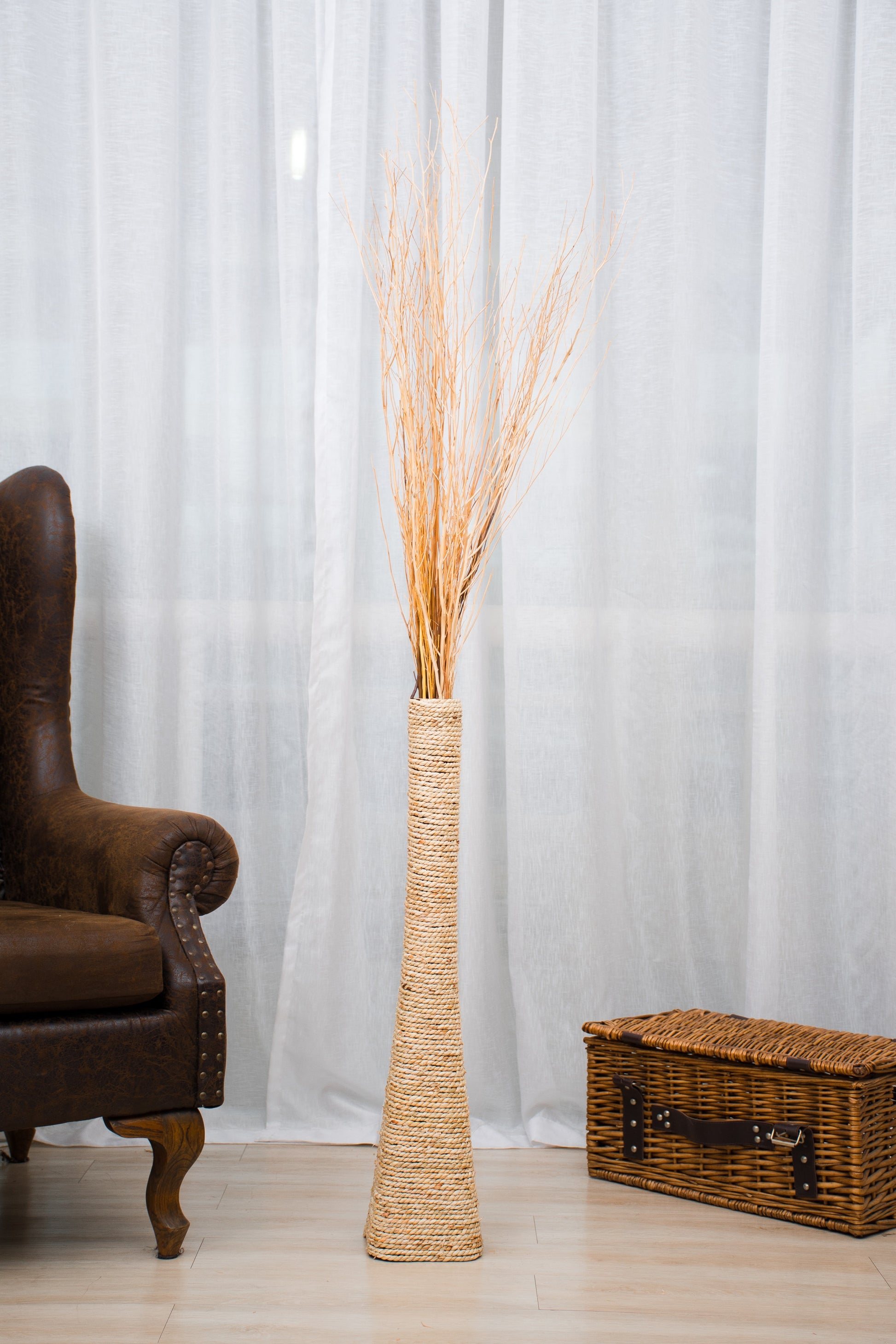 Large & Tall Floor Vase Made of Water Hyacinth and Bamboo – Handwoven Decorative Stand Vase for Dried Flowers & Branches, ecru, 70 cm - Modèle 2