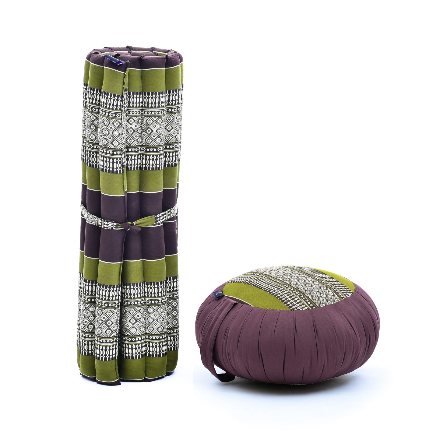 Kapok Meditation Cushion Set – Zabuton Mat & Zafu Seat Cushion with Cotton Cover, Sf20 - Brown, Green