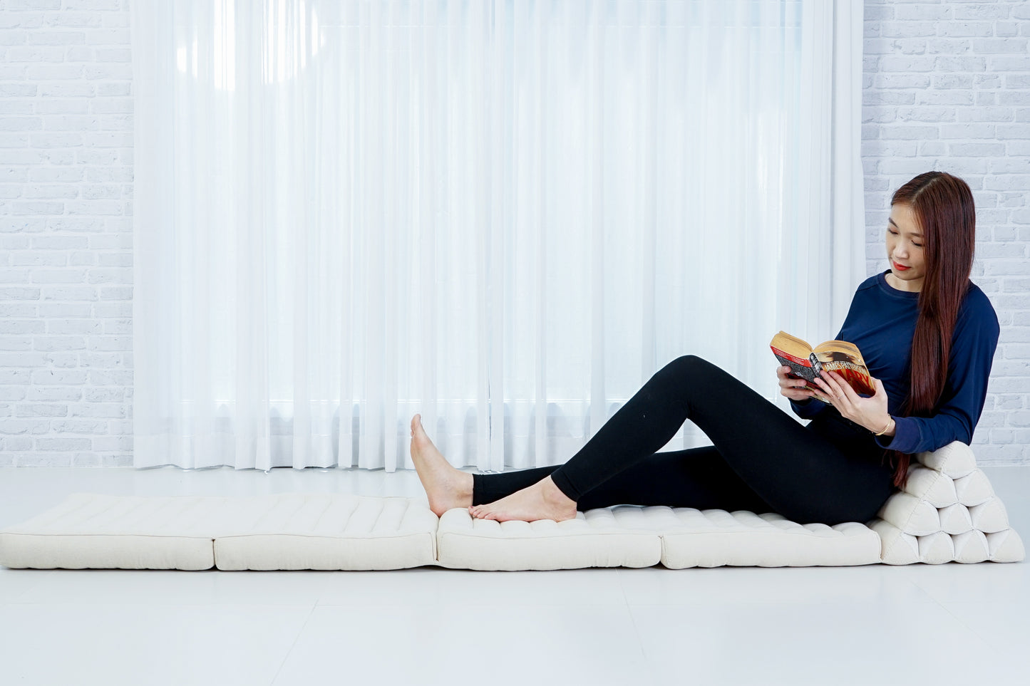 Thai Folding Mat with Triangle Cushion – Handmade Kapok Relax Mat for Sleeping, Reading & Lounging, Cl01 - Ecru, 4 seating segments