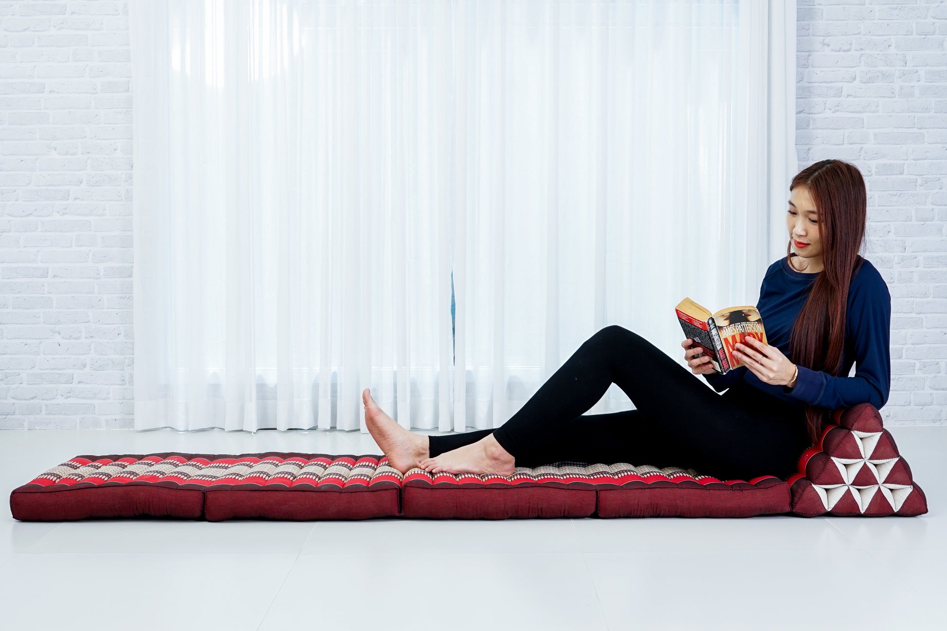 Thai Folding Mat with Triangle Cushion – Handmade Kapok Relax Mat for Sleeping, Reading & Lounging, Sf24 - Red, Brown, 4 seating segments