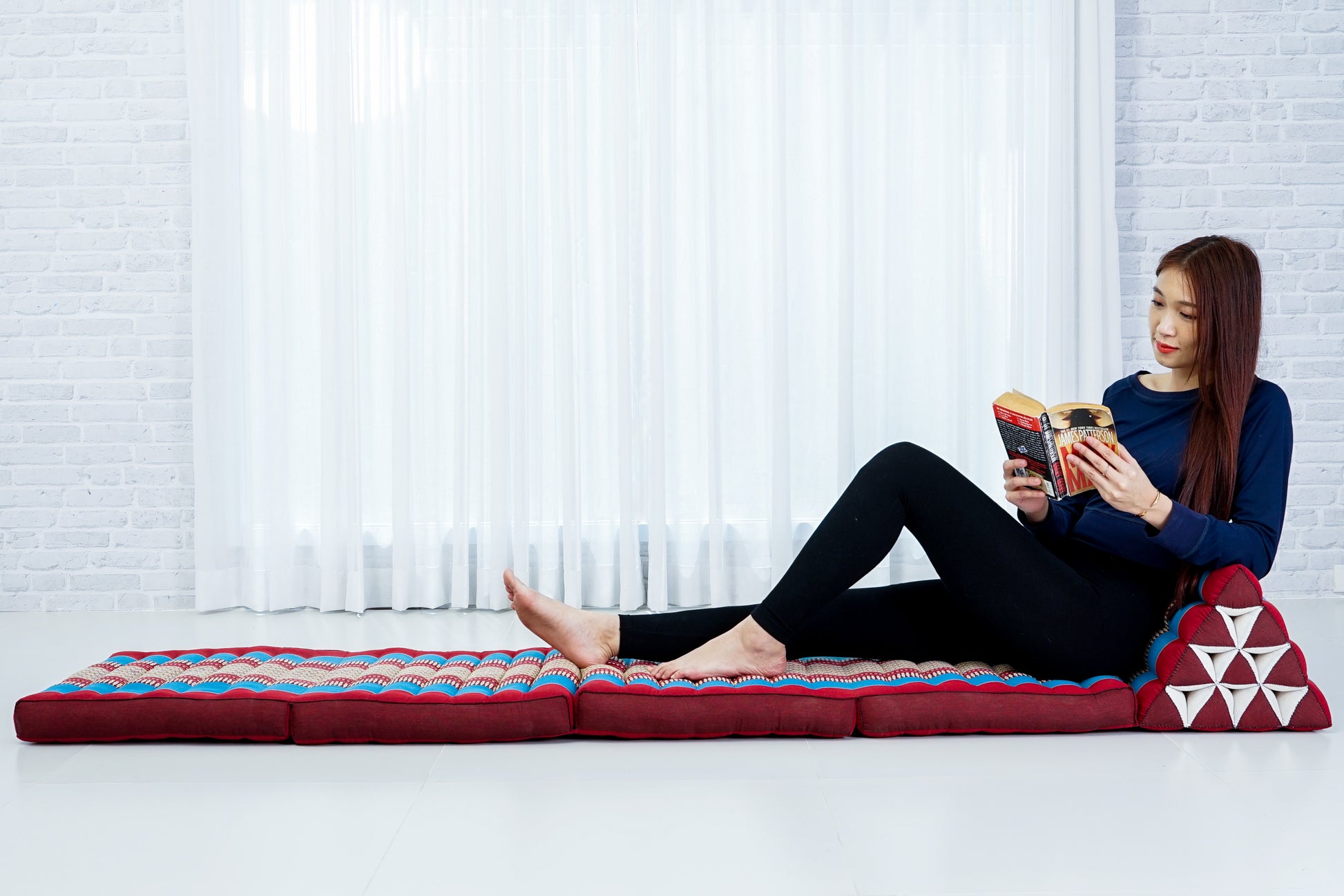 Thai Folding Mat with Triangle Cushion – Handmade Kapok Relax Mat for Sleeping, Reading & Lounging, Sf27 - Blue, Red, 4 seating segments