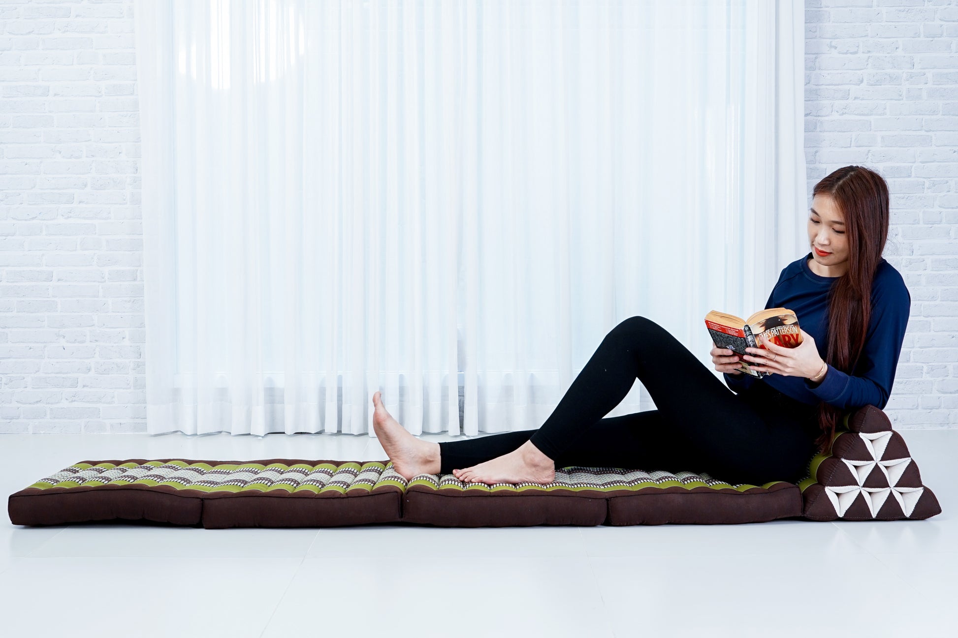 Thai Folding Mat with Triangle Cushion – Handmade Kapok Relax Mat for Sleeping, Reading & Lounging, Sf20 - Brown, Green, 4 seating segments