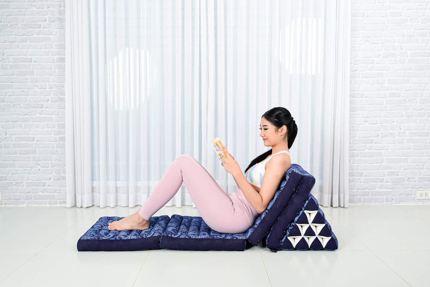 Thai Folding Mat with Triangle Cushion – Handmade Kapok Relax Mat for Sleeping, Reading & Lounging, Cbt1 - Blue, 4 seating segments