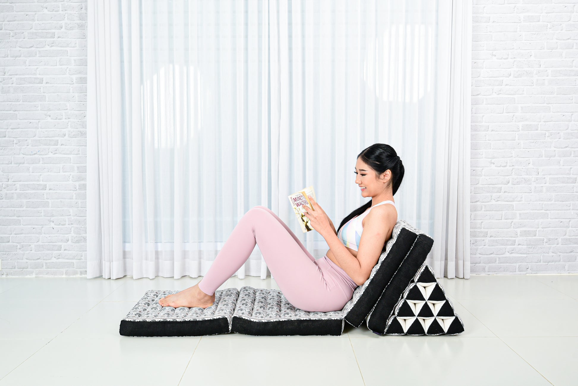 Thai Folding Mat with Triangle Cushion – Handmade Kapok Relax Mat for Sleeping, Reading & Lounging, El2 - Black, 4 seating segments
