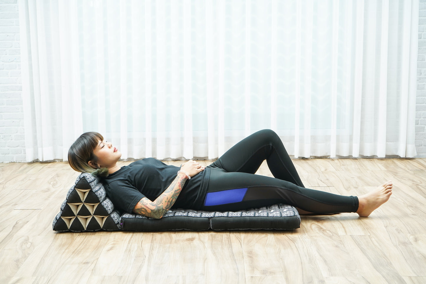 Thai Folding Mat with Triangle Cushion – Handmade Kapok Relax Mat for Sleeping, Reading & Lounging, Cbt4 - Black, 2 seating segments