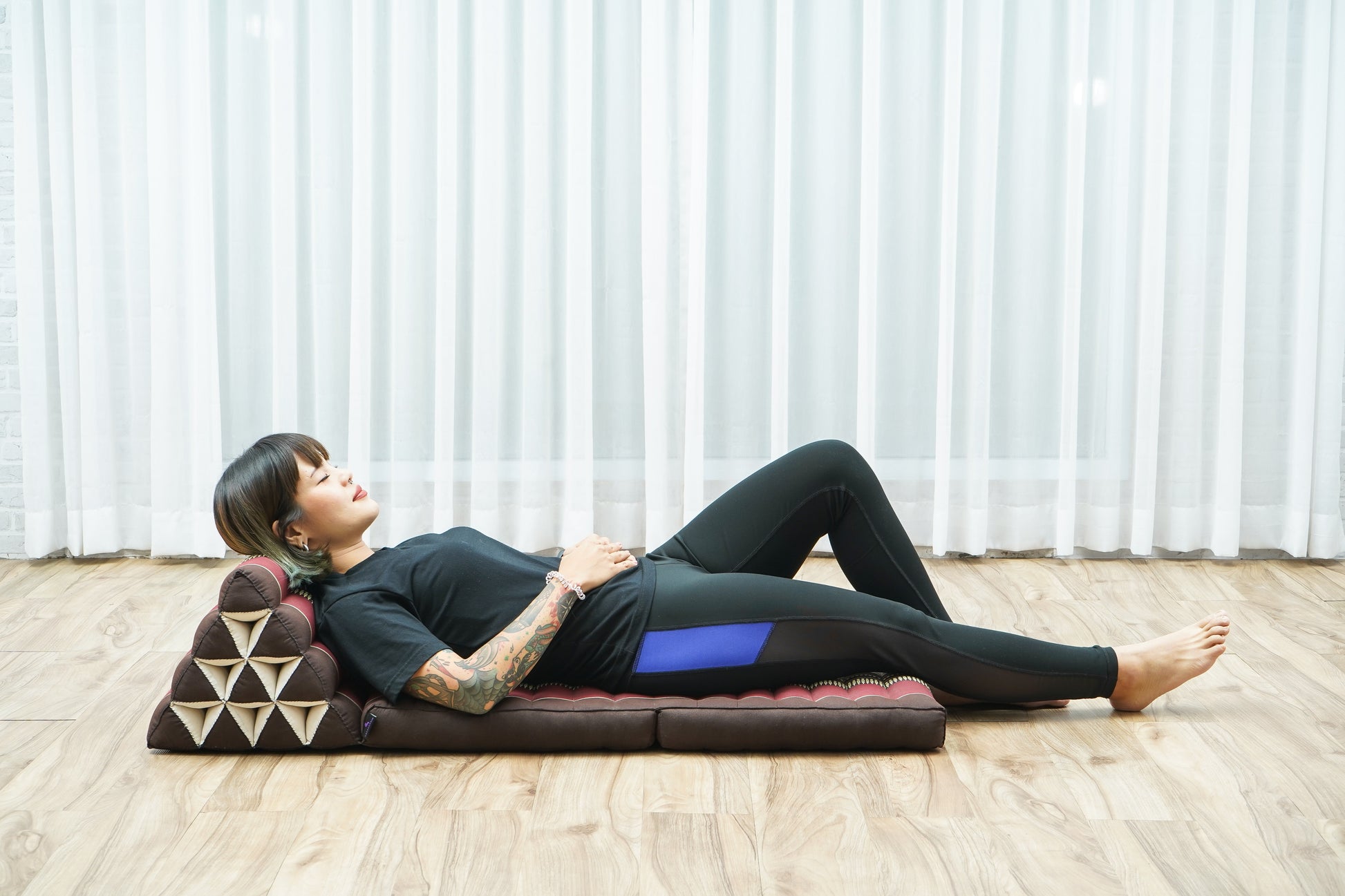 Thai Folding Mat with Triangle Cushion – Handmade Kapok Relax Mat for Sleeping, Reading & Lounging, Sf19 - Red, Brown, 2 seating segments