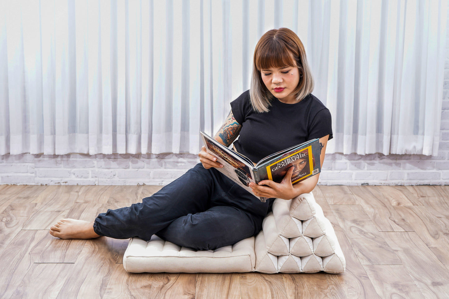 Triangular Kapok Backrest Cushion – Firm Thai Reading Pillow with Cotton Cover in Plain or Patterned Designs, Cl01 - Ecru, 1 seating segment