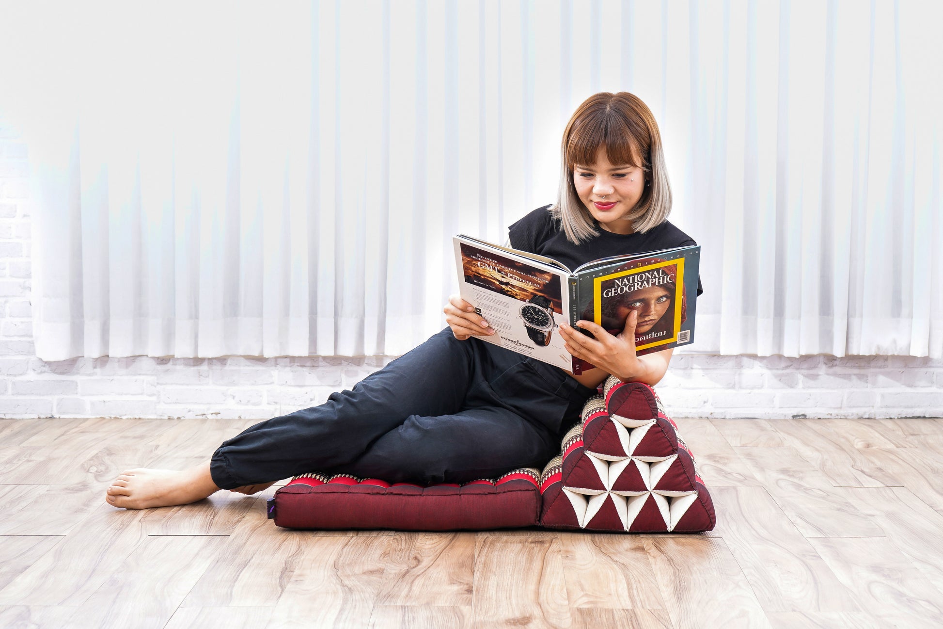 Triangular Kapok Backrest Cushion – Firm Thai Reading Pillow with Cotton Cover in Plain or Patterned Designs, Sf24 - Red, Brown, 1 seating segment