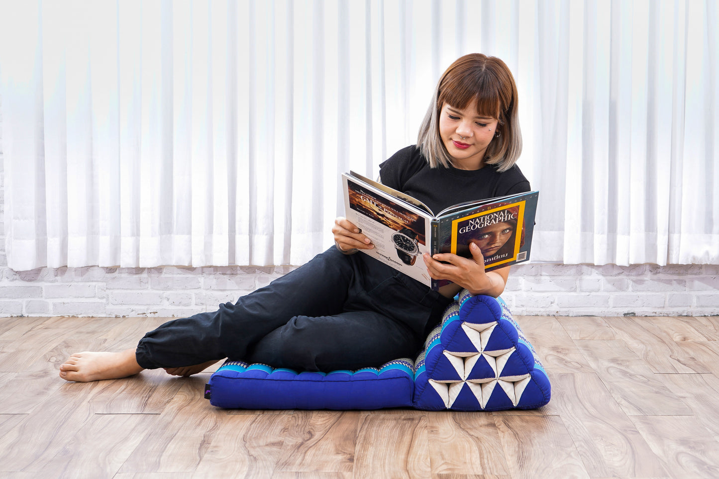 Triangular Kapok Backrest Cushion – Firm Thai Reading Pillow with Cotton Cover in Plain or Patterned Designs, Sf28 - Blue, 1 seating segment