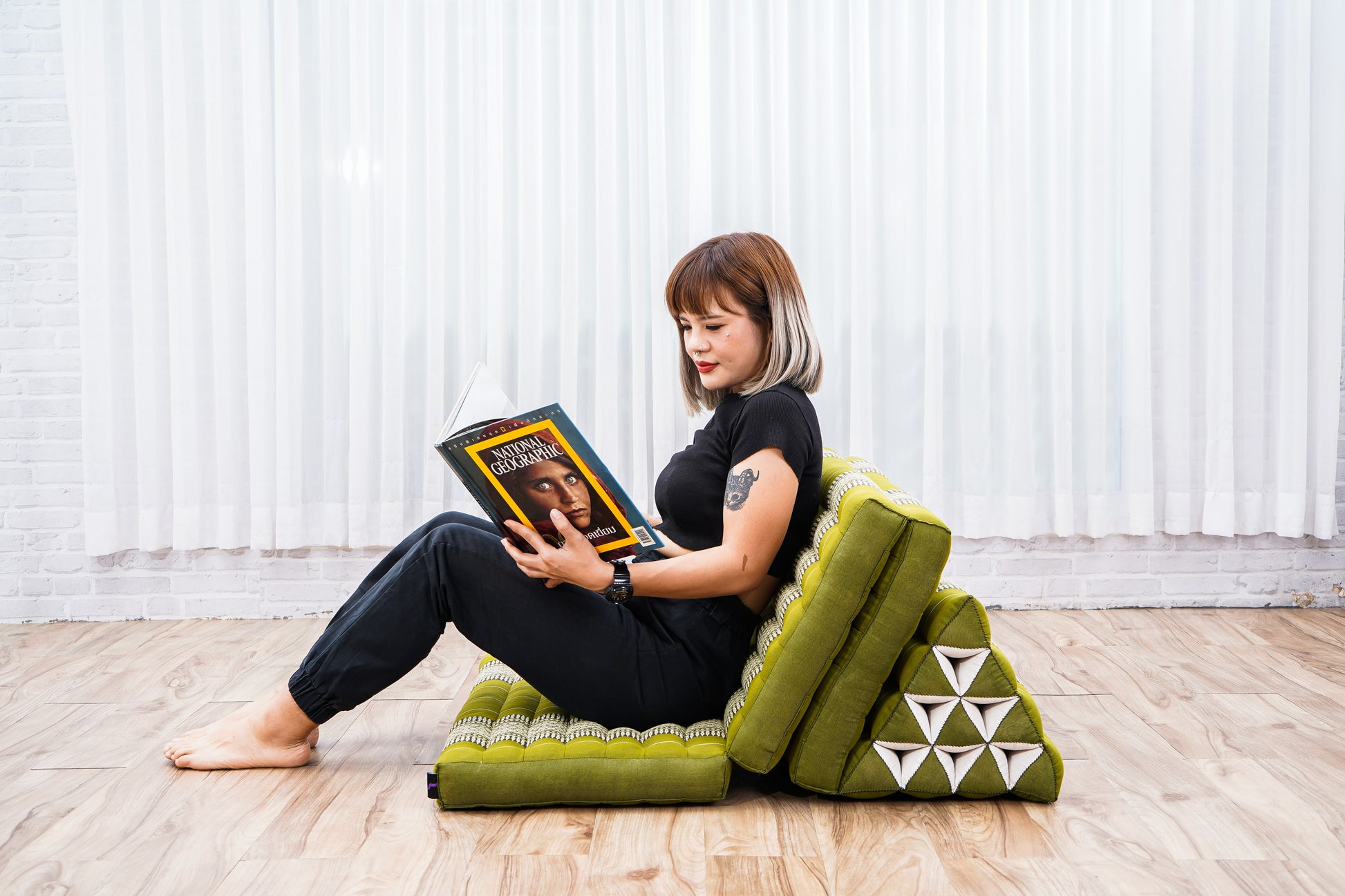 Thai Folding Mat with Triangle Cushion – Handmade Kapok Relax Mat for Sleeping, Reading & Lounging, Sf17 - Green, 3 seating segments XL
