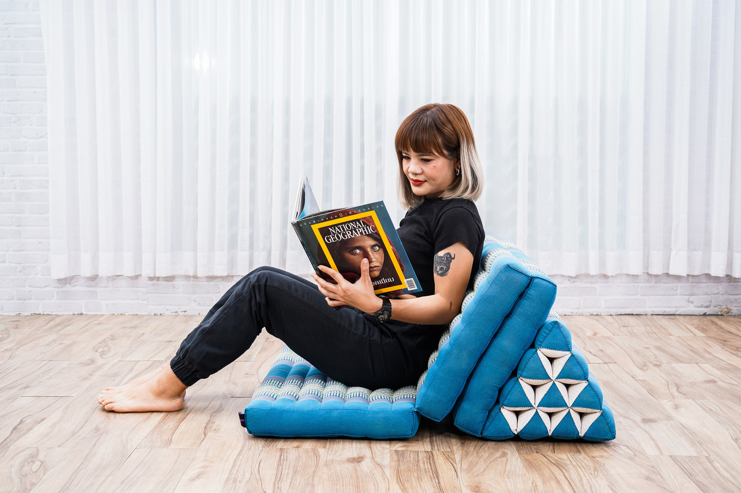 Thai Folding Mat with Triangle Cushion – Handmade Kapok Relax Mat for Sleeping, Reading & Lounging, Sf22 - Blue, 3 seating segments XL