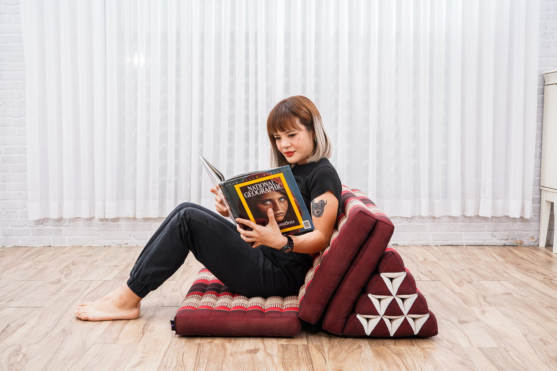 Thai Folding Mat with Triangle Cushion – Handmade Kapok Relax Mat for Sleeping, Reading & Lounging, Sf24 - Red, Brown, 3 seating segments XL
