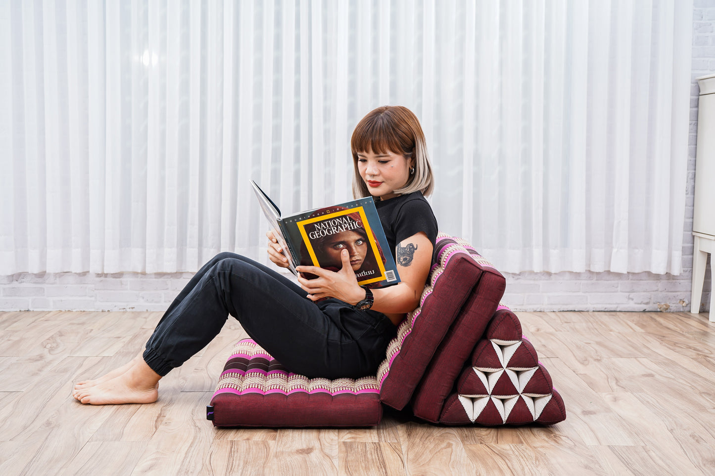 Thai Folding Mat with Triangle Cushion – Handmade Kapok Relax Mat for Sleeping, Reading & Lounging, Sf29 - Auburn, Pink, 3 seating segments XL