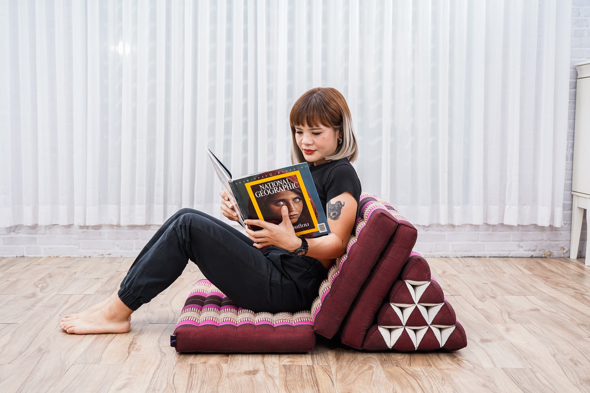 Thai Folding Mat with Triangle Cushion – Handmade Kapok Relax Mat for Sleeping, Reading & Lounging, Sf29 - Auburn, Pink, 3 seating segments XL