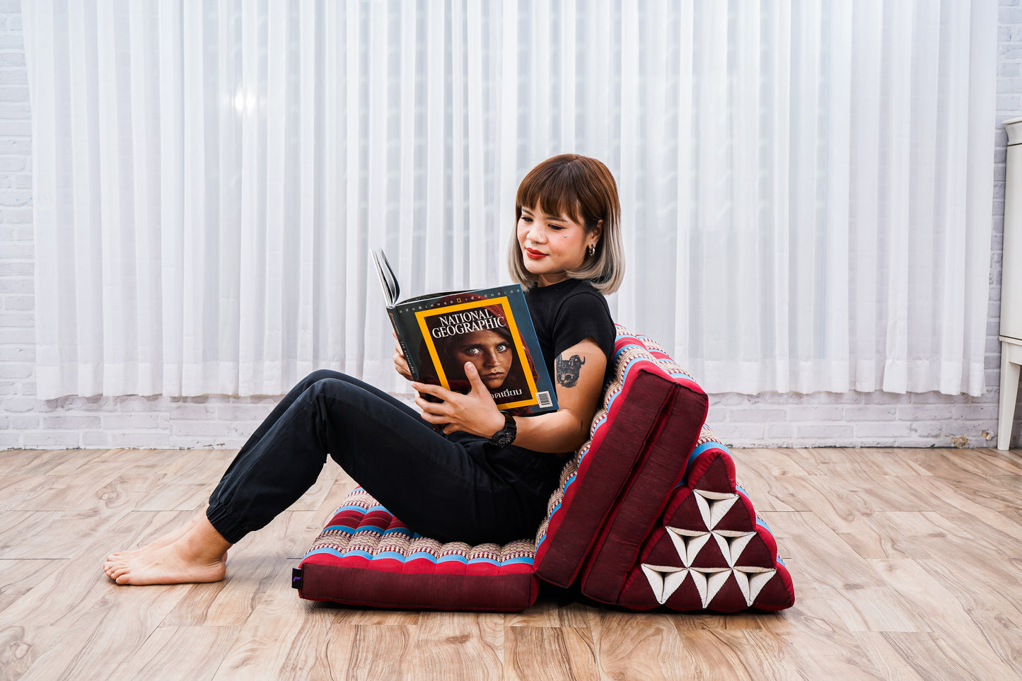 Thai Folding Mat with Triangle Cushion – Handmade Kapok Relax Mat for Sleeping, Reading & Lounging, Sf27 - Blue, Red, 3 seating segments XL