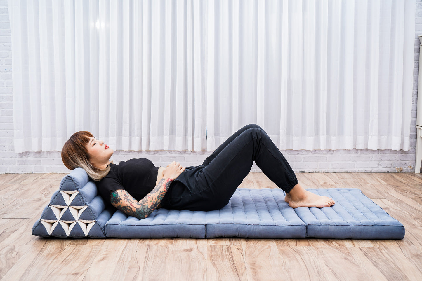 Thai Folding Mat with Triangle Cushion – Handmade Kapok Relax Mat for Sleeping, Reading & Lounging, Cl13 - Grey, 3 seating segments XL
