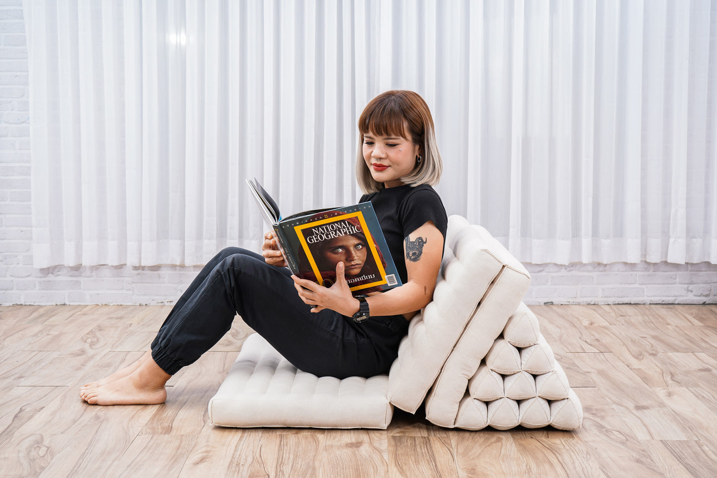 Thai Folding Mat with Triangle Cushion – Handmade Kapok Relax Mat for Sleeping, Reading & Lounging, Cl01 - Ecru, 3 seating segments XL