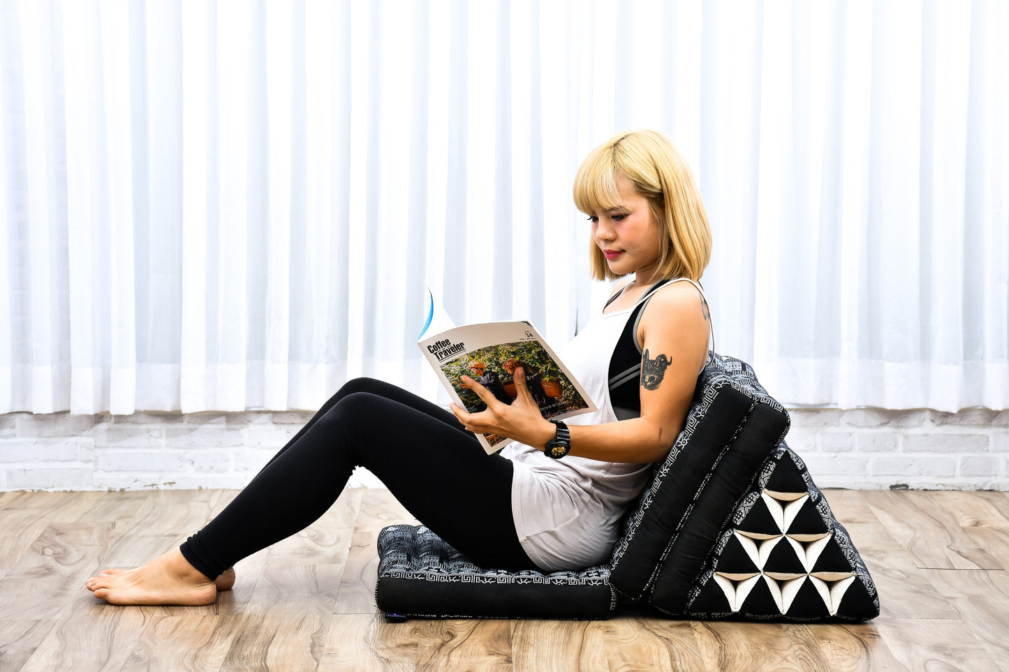 Thai Folding Mat with Triangle Cushion – Handmade Kapok Relax Mat for Sleeping, Reading & Lounging, Cbt4 - Black, 3 seating segments