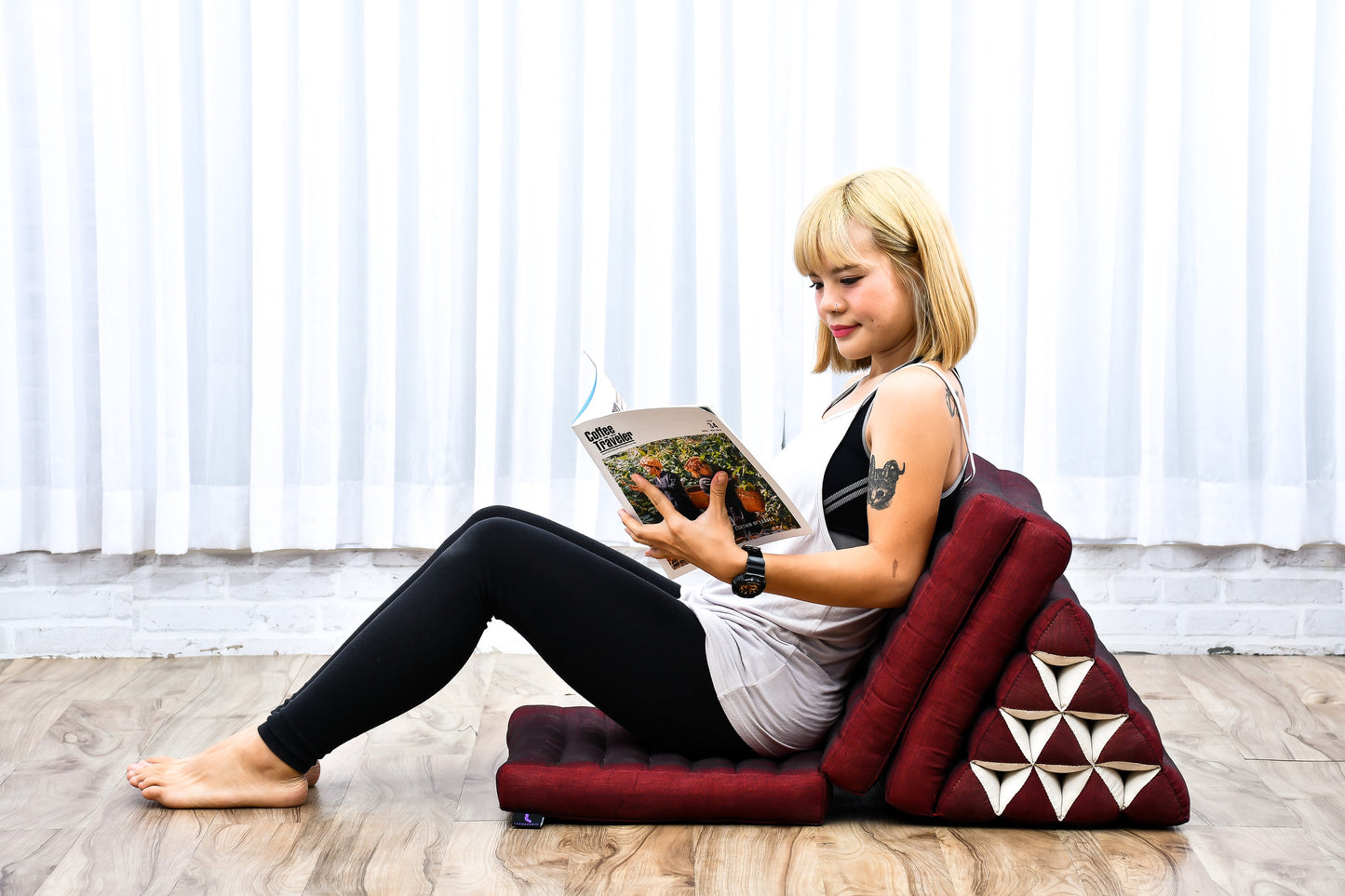Thai Folding Mat with Triangle Cushion – Handmade Kapok Relax Mat for Sleeping, Reading & Lounging, Cl24 - Red, 3 seating segments