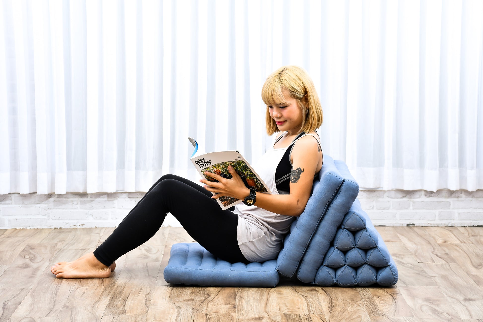 Thai Folding Mat with Triangle Cushion – Handmade Kapok Relax Mat for Sleeping, Reading & Lounging, Cl13 - Grey, 3 seating segments