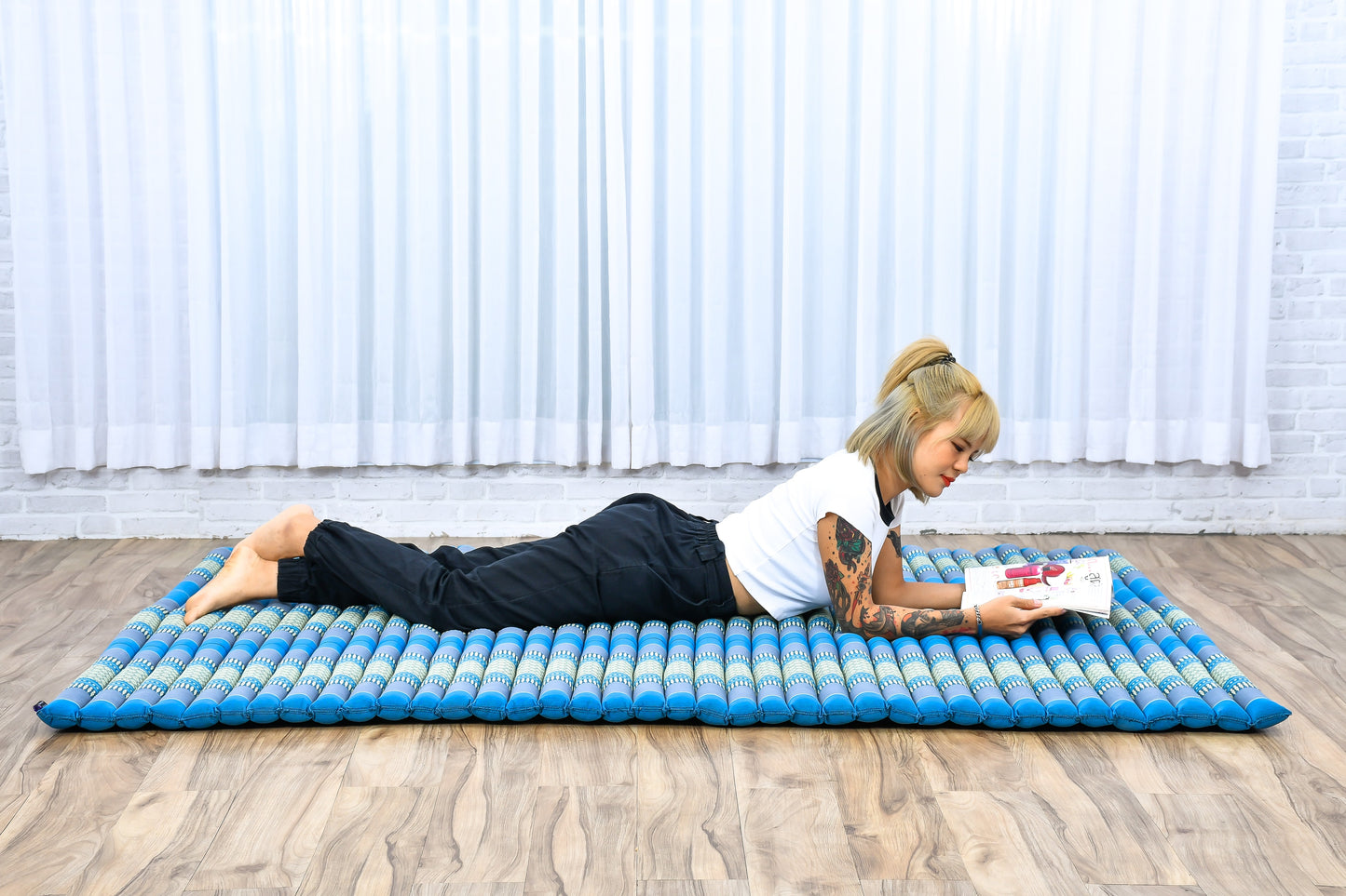 Kapok Roll-Up Mattress – Foldable Sleeping & Relax Mat with Cotton Cover for Home & Outdoor Use, Sf22 - Blue, XL: 190x145 cm