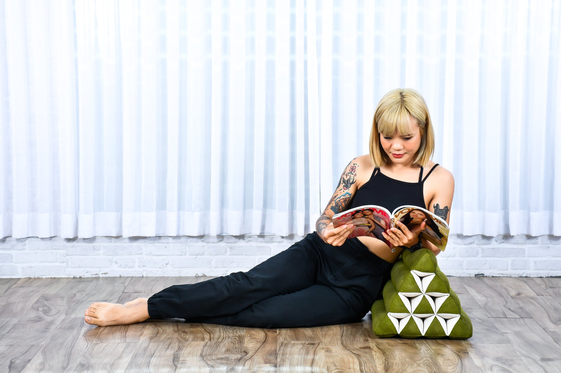 Triangular Kapok Backrest Cushion – Firm Thai Reading Pillow with Cotton Cover in Plain or Patterned Designs, Cl23 - Green, triangle cushion