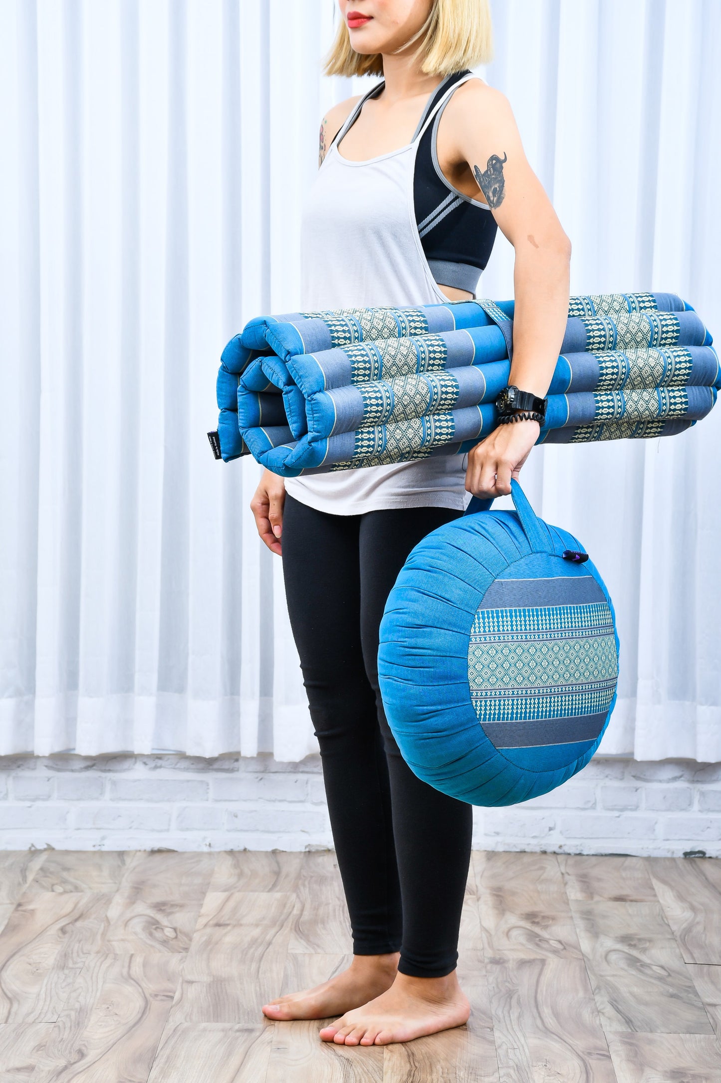 Kapok Meditation Cushion Set – Zabuton Mat & Zafu Seat Cushion with Cotton Cover, Sf22 - Blue