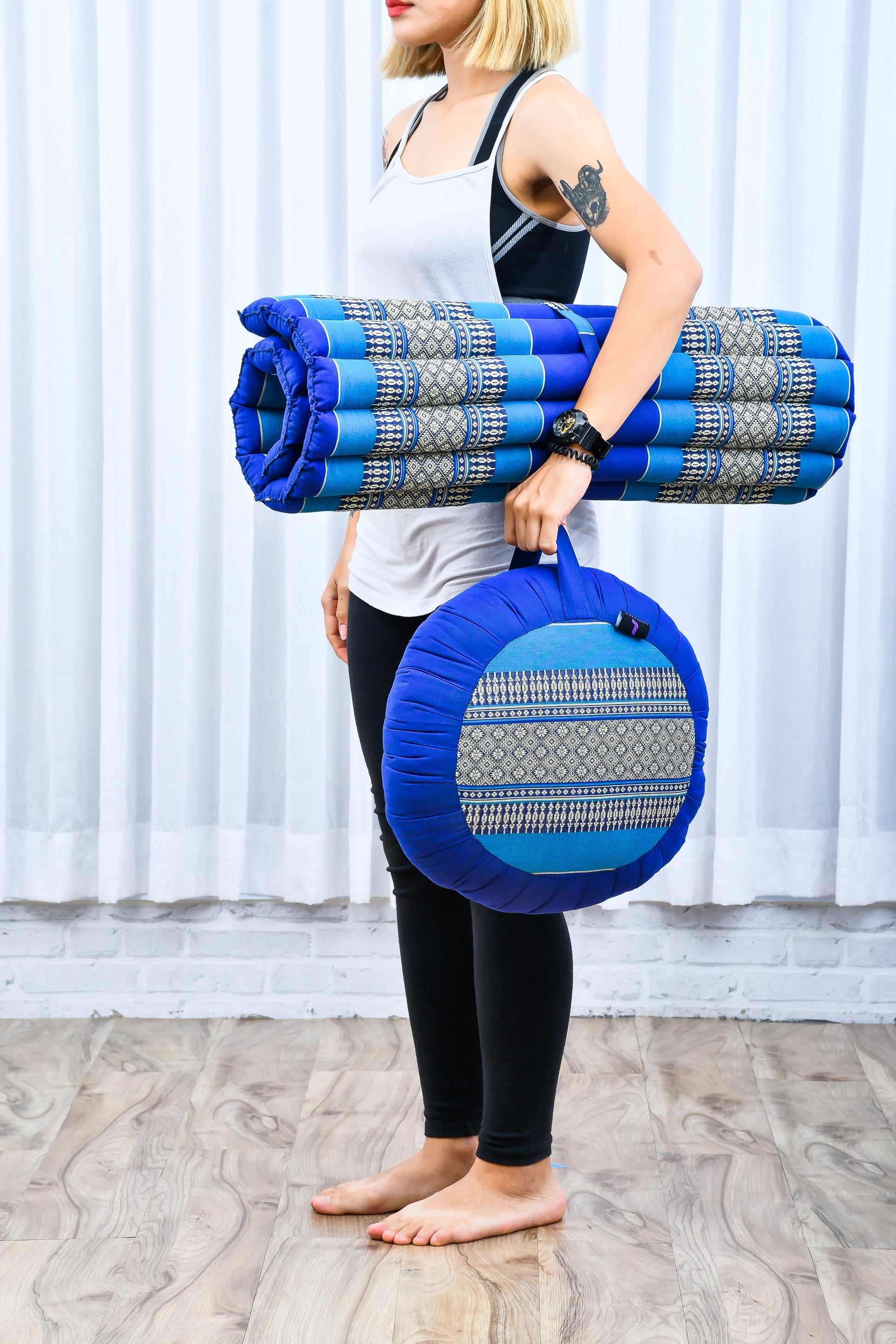 Kapok Meditation Cushion Set – Zabuton Mat & Zafu Seat Cushion with Cotton Cover, Sf28 - Blue